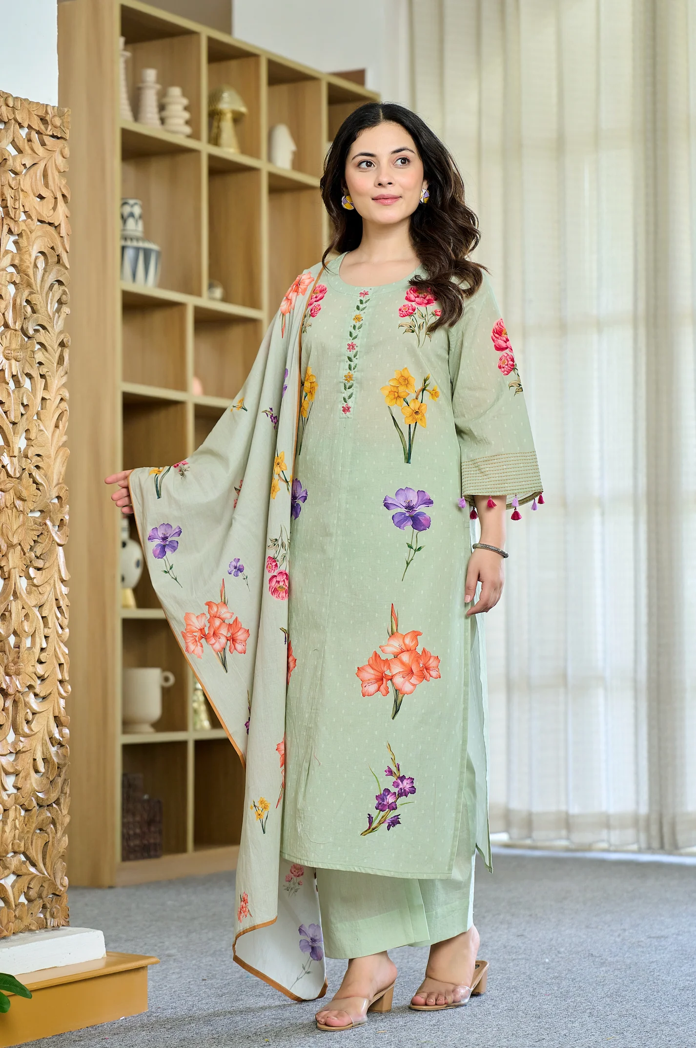 Cotton Mint Floral Kurti Suit Set