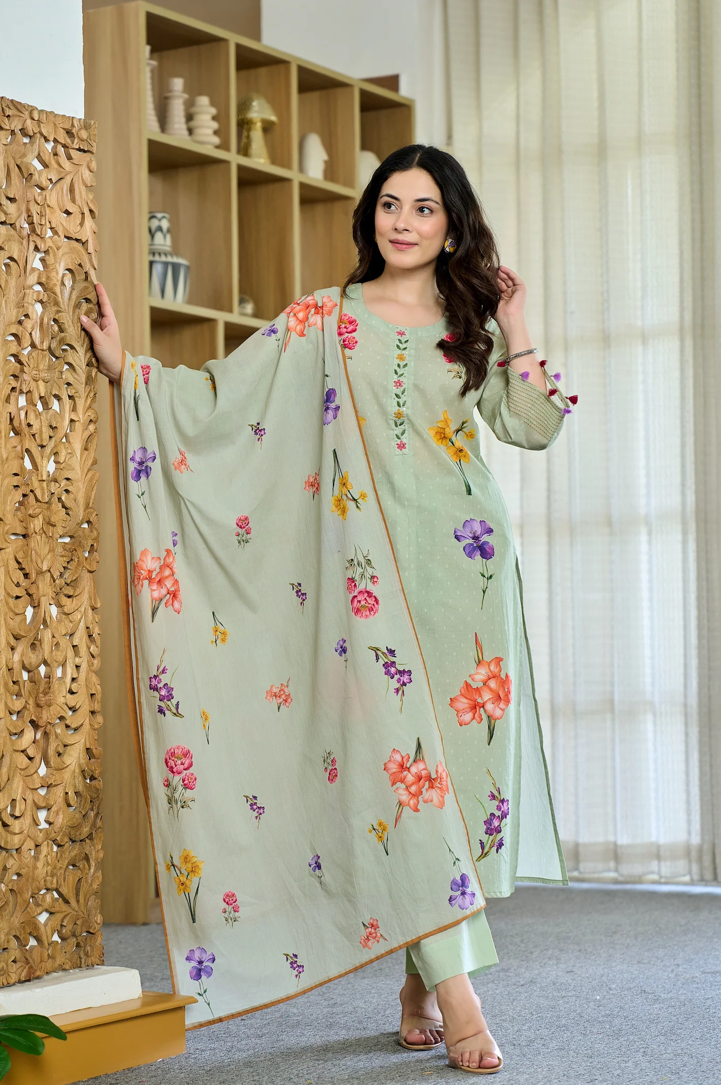 Cotton Mint Floral Kurti Suit Set