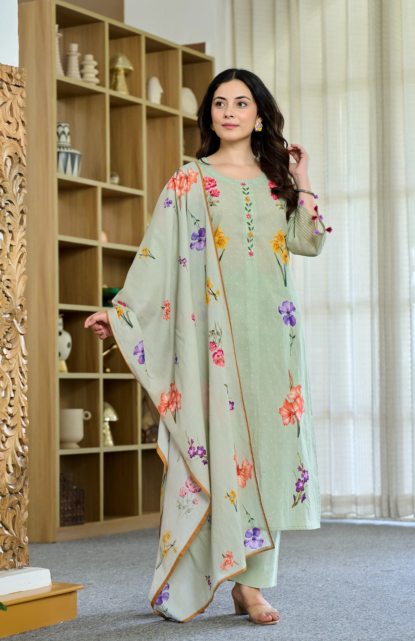 Cotton Mint Floral Kurti Suit Set