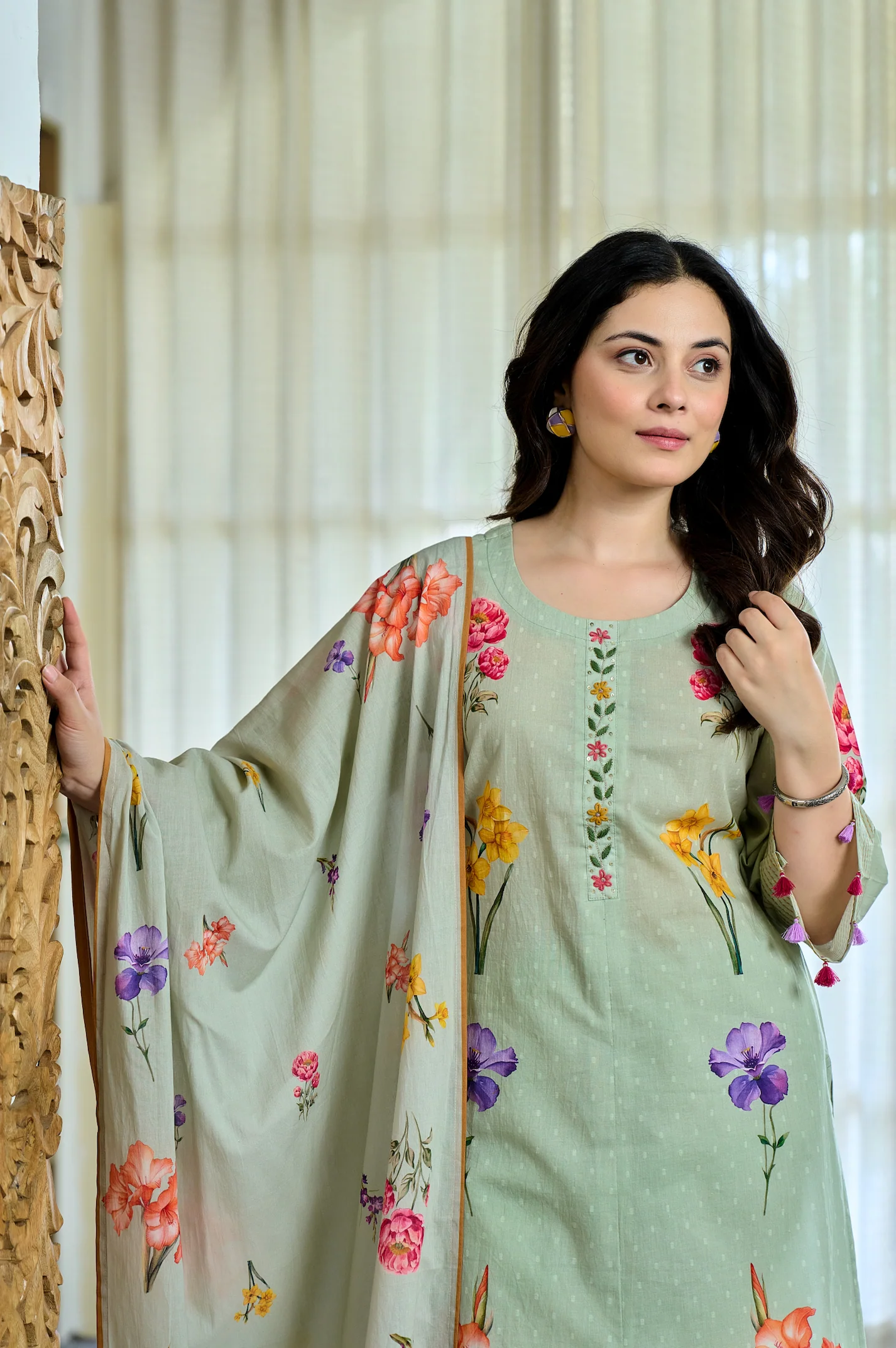 Cotton Mint Floral Kurti Suit Set
