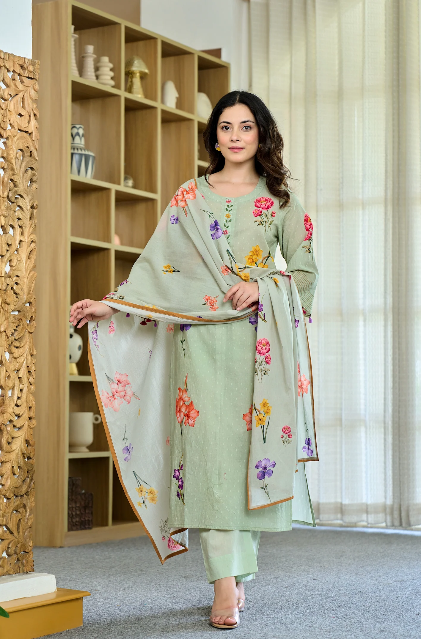 Cotton Mint Floral Kurti Suit Set