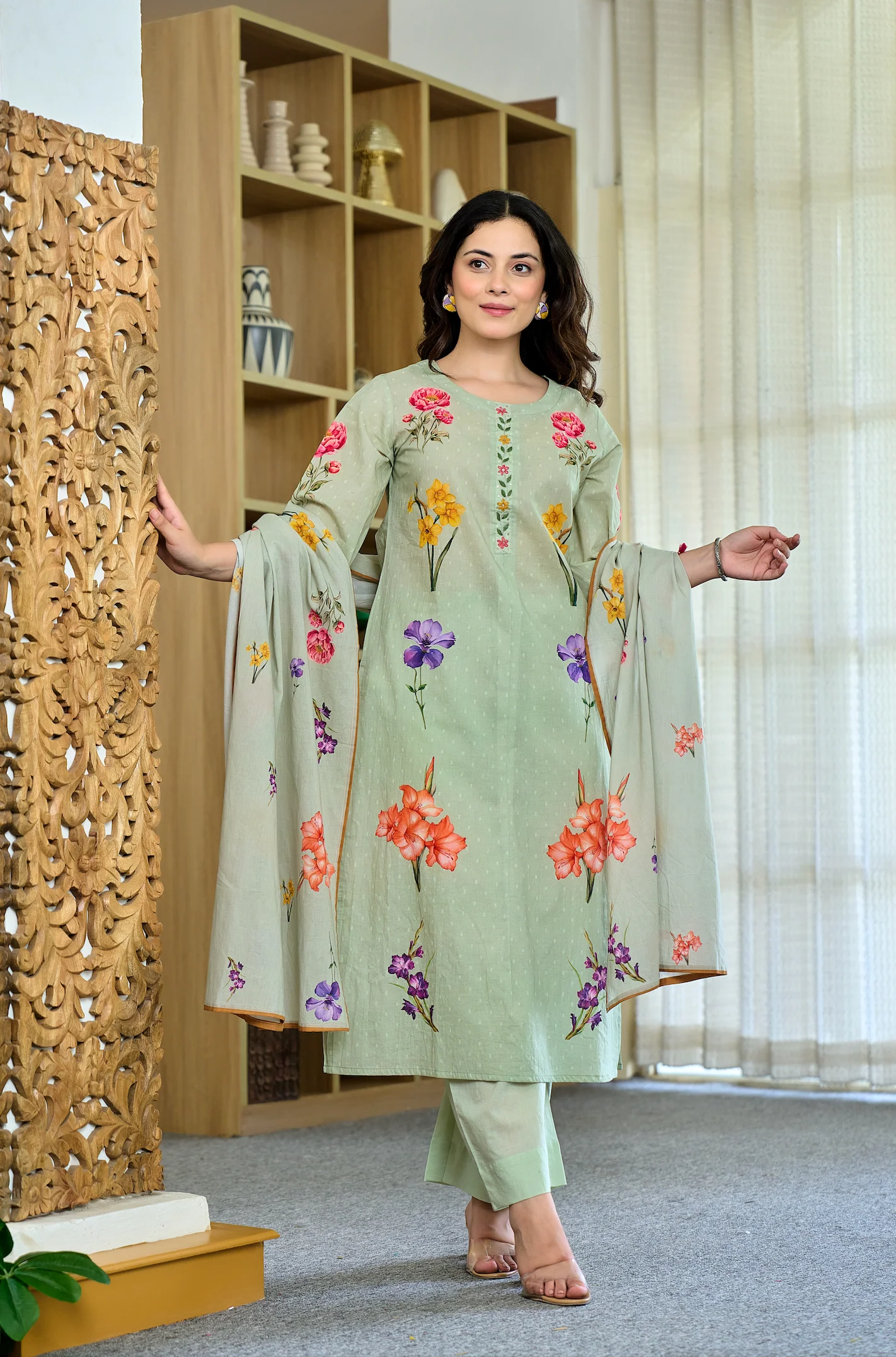Cotton Mint Floral Kurti Suit Set