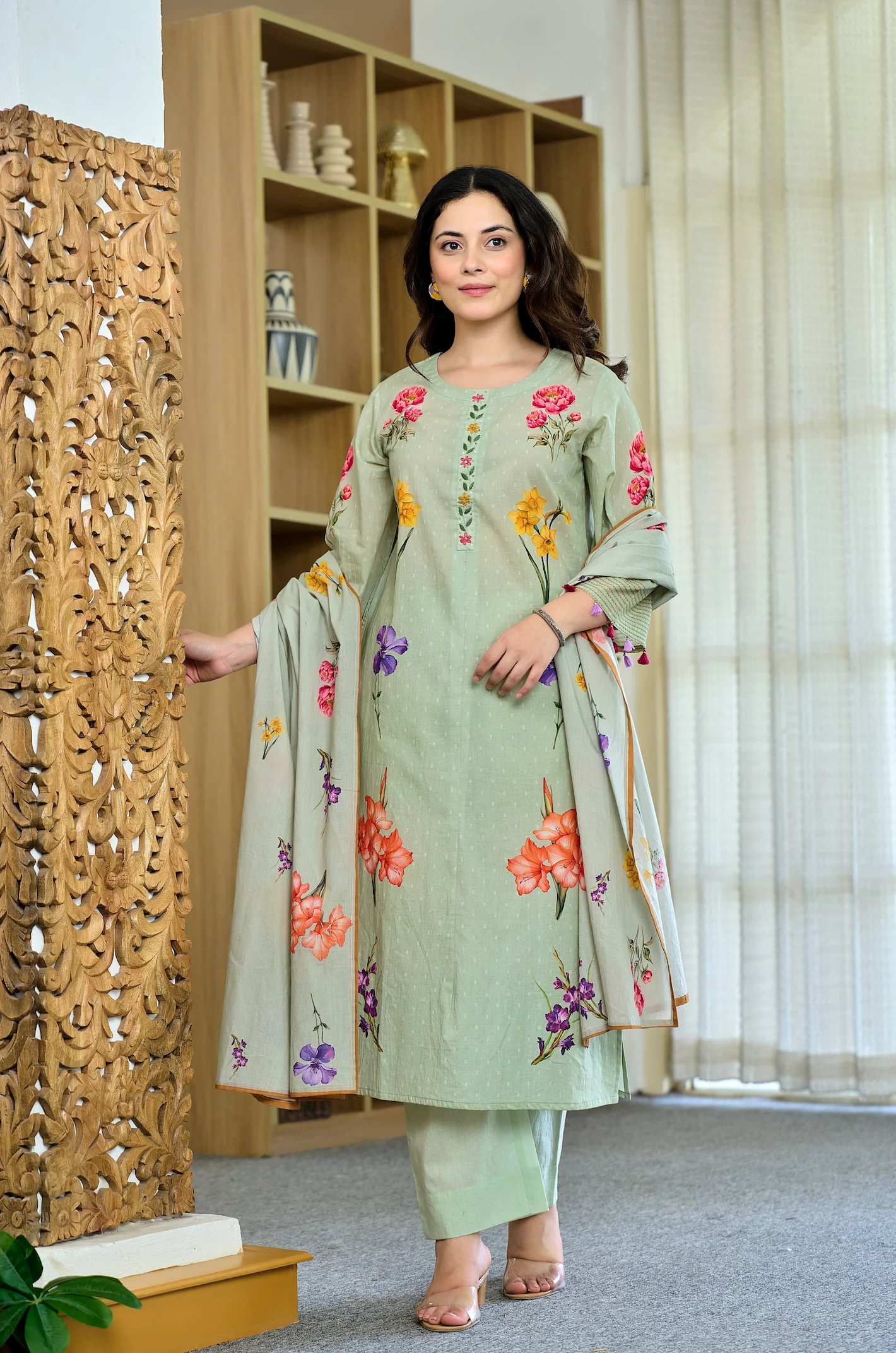 Cotton Mint Floral Kurti Suit Set