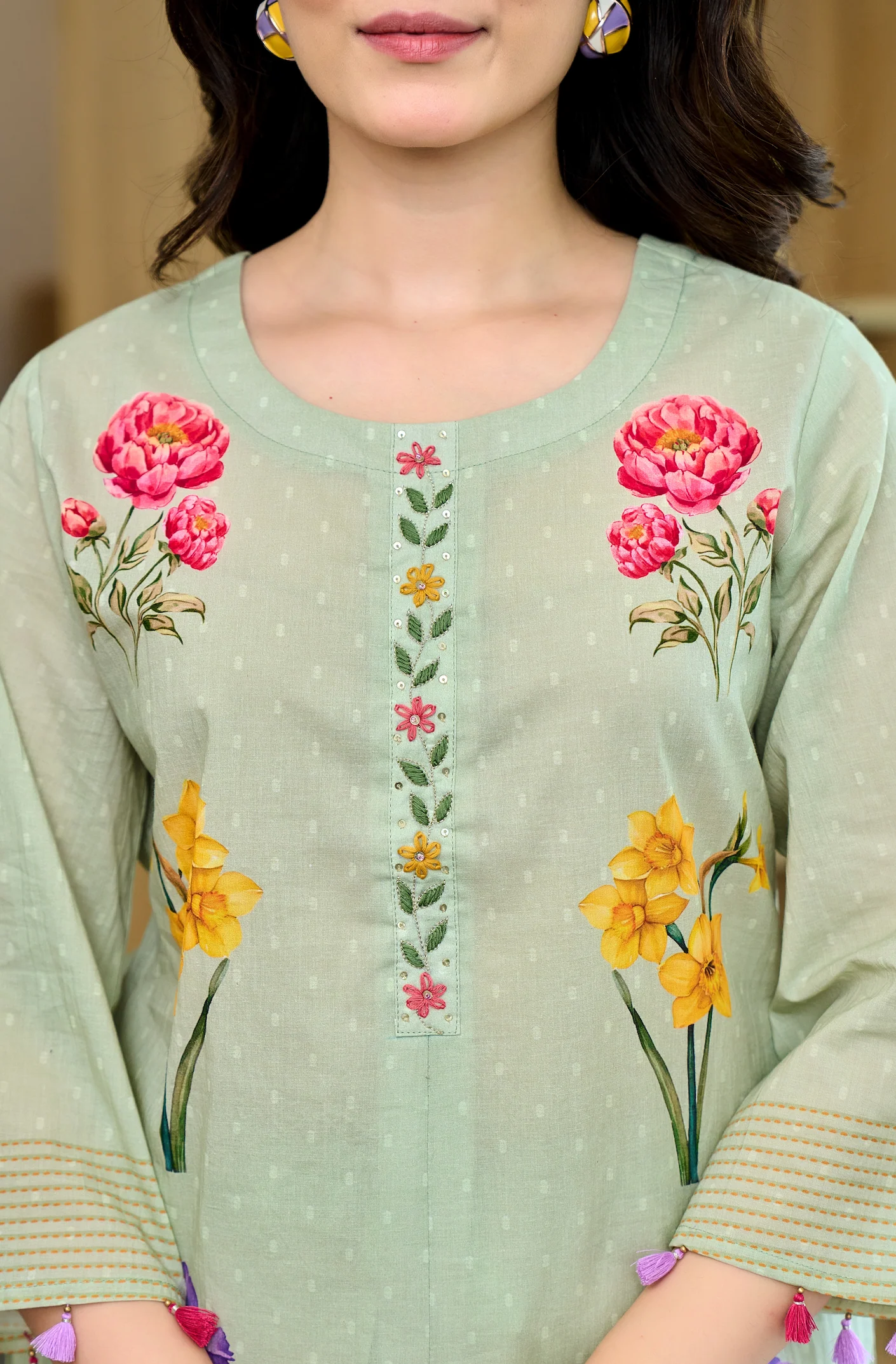 Cotton Mint Floral Kurti Suit Set