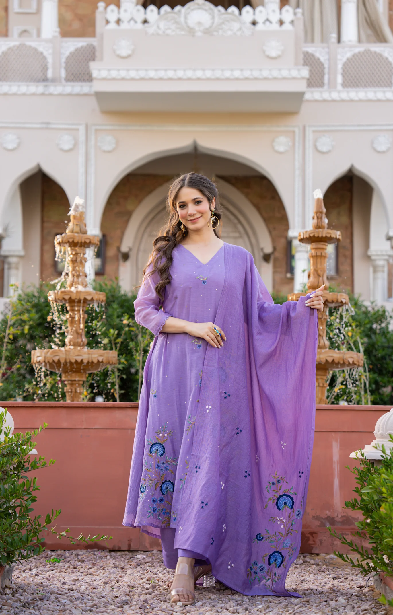 Lavender Mul Chanderi Thread Embroidered Kurta Set