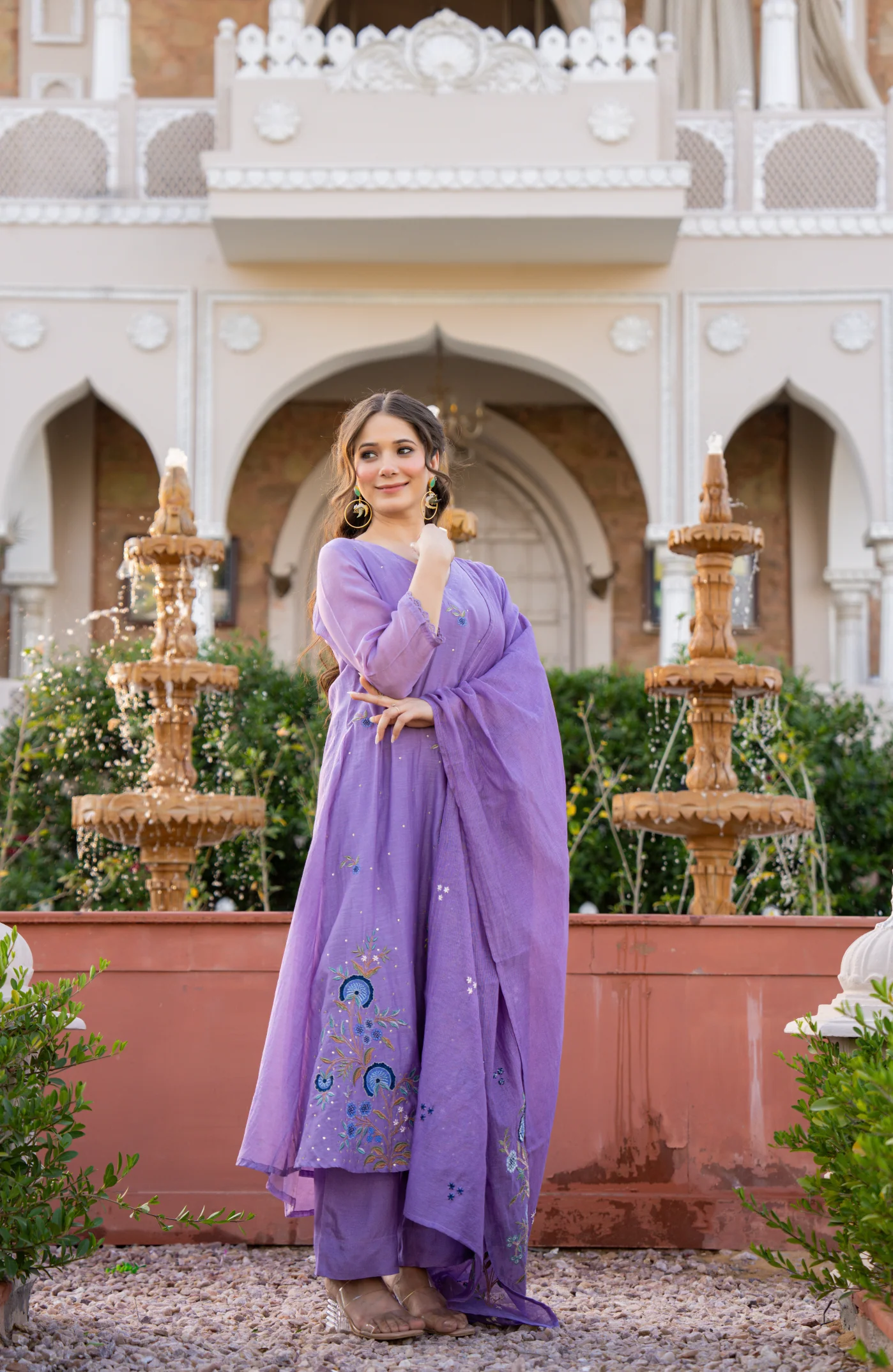 Lavender Mul Chanderi Thread Embroidered Kurta Set