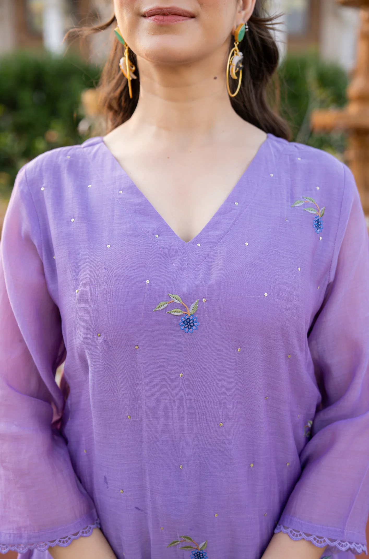 Lavender Mul Chanderi Thread Embroidered Kurta Set