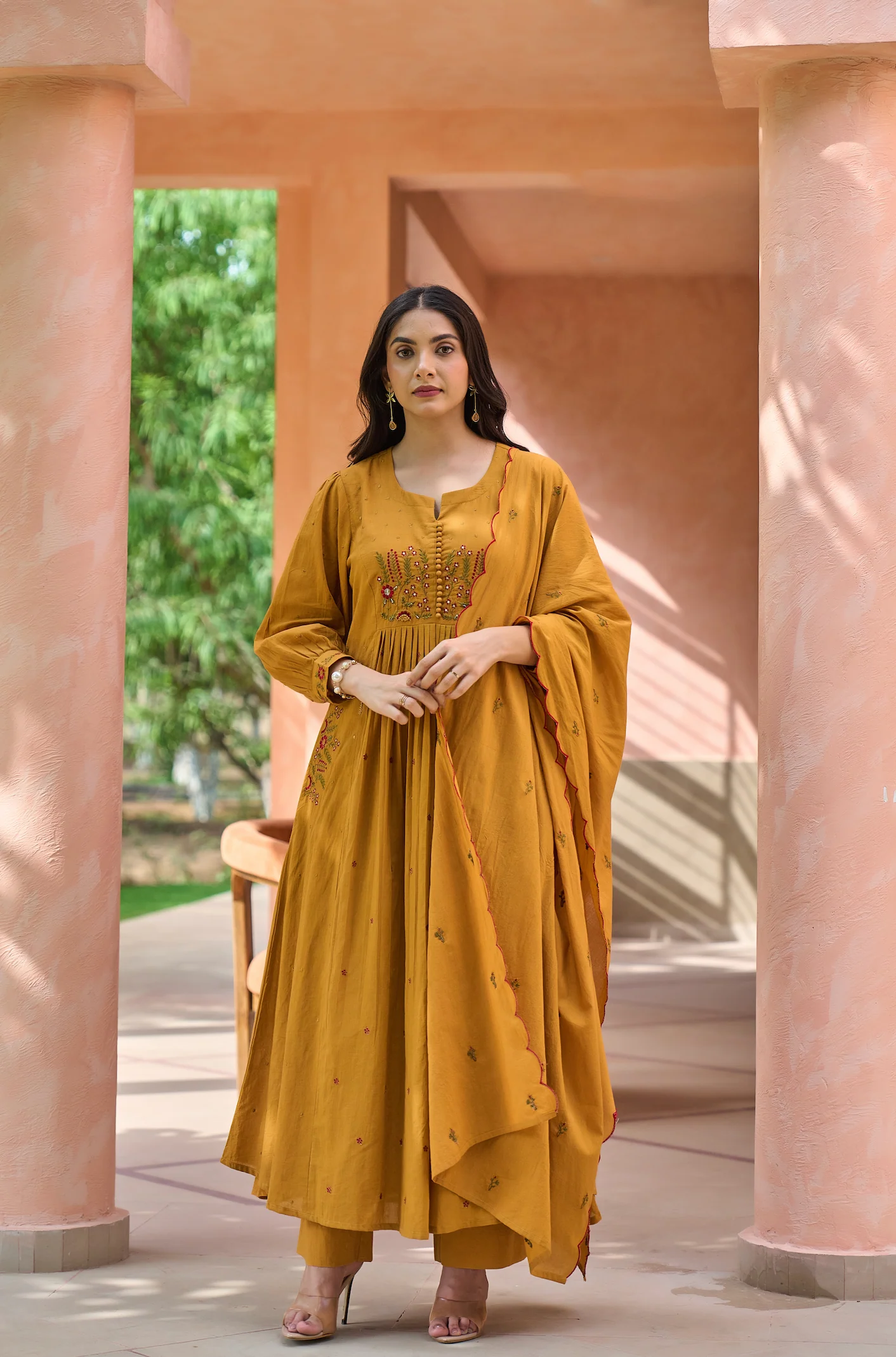 Mustard MulMul Embroidered Suit Set