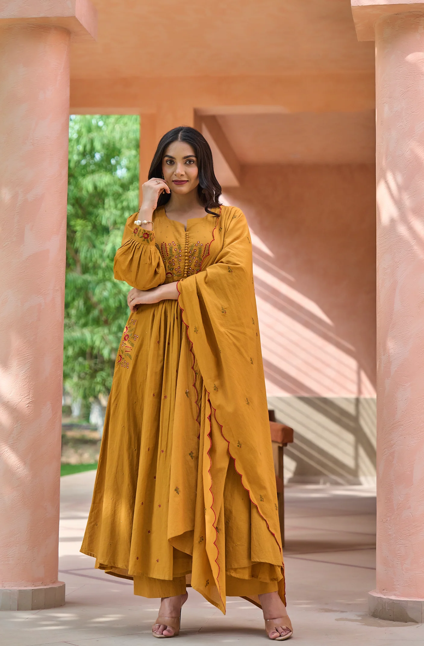 Mustard MulMul Embroidered Suit Set