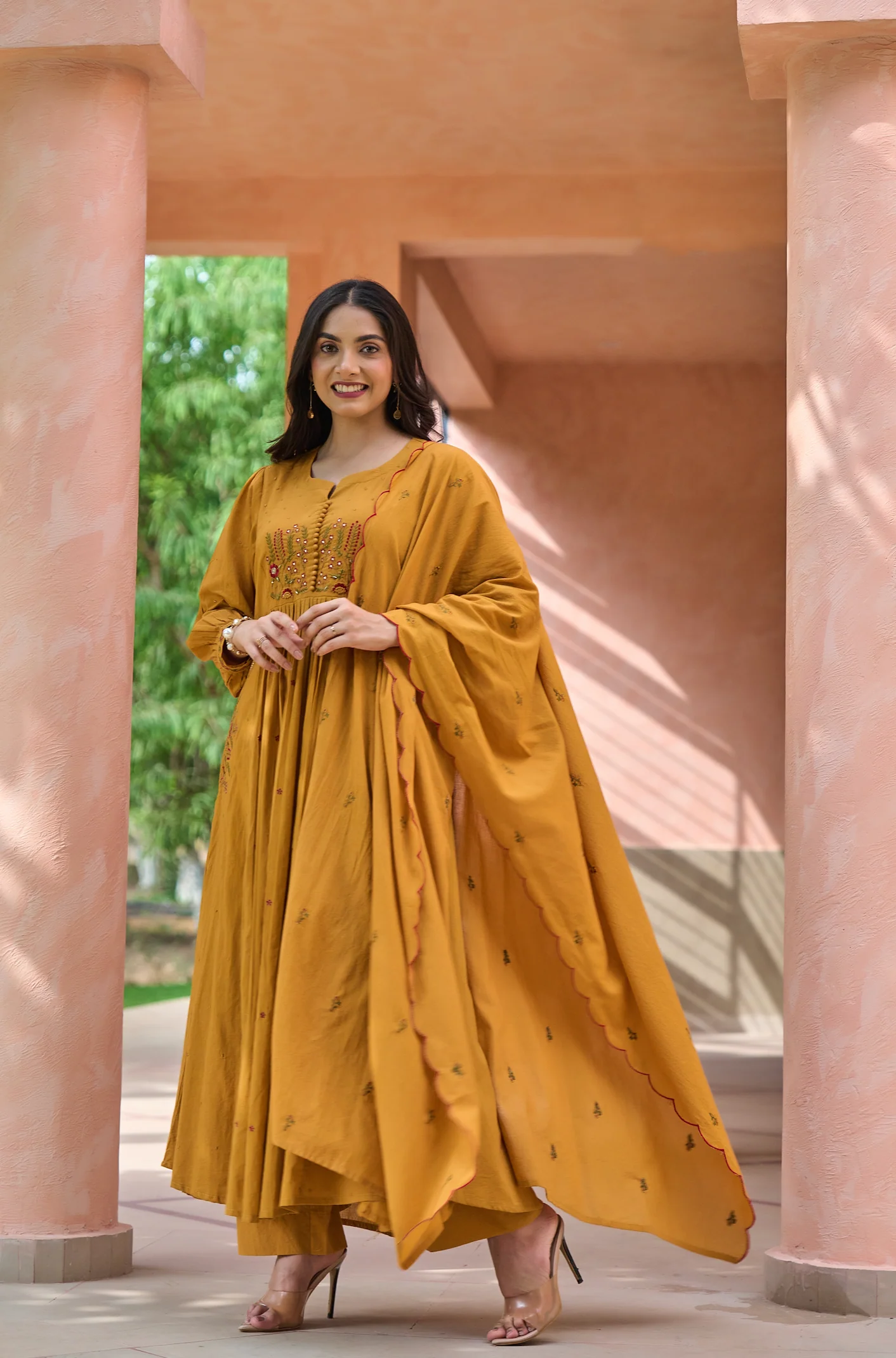 Mustard MulMul Embroidered Suit Set
