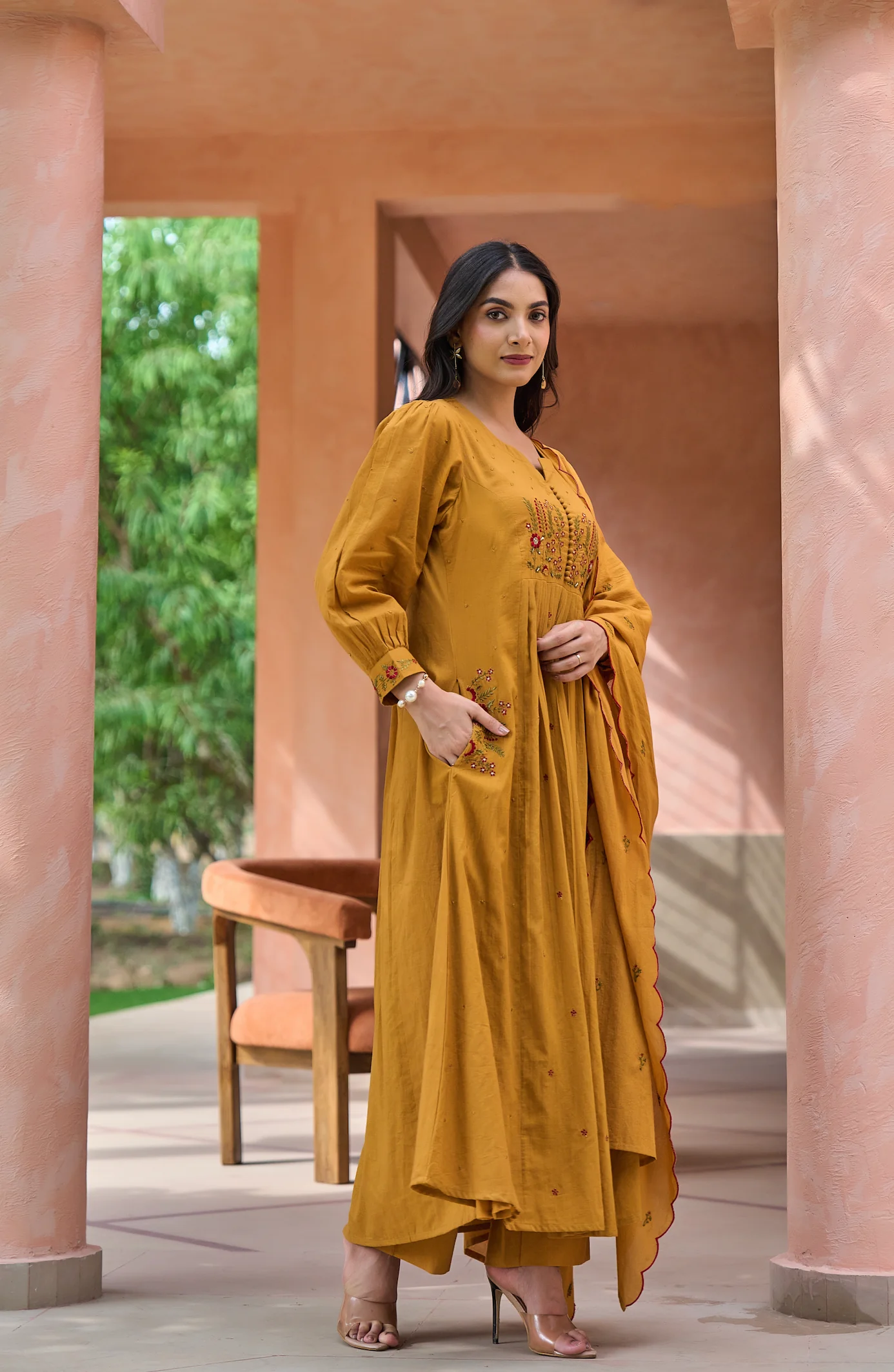 Mustard MulMul Embroidered Suit Set