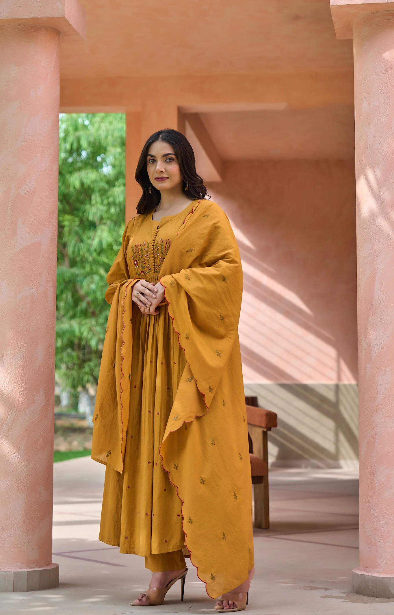 Mustard MulMul Embroidered Suit Set