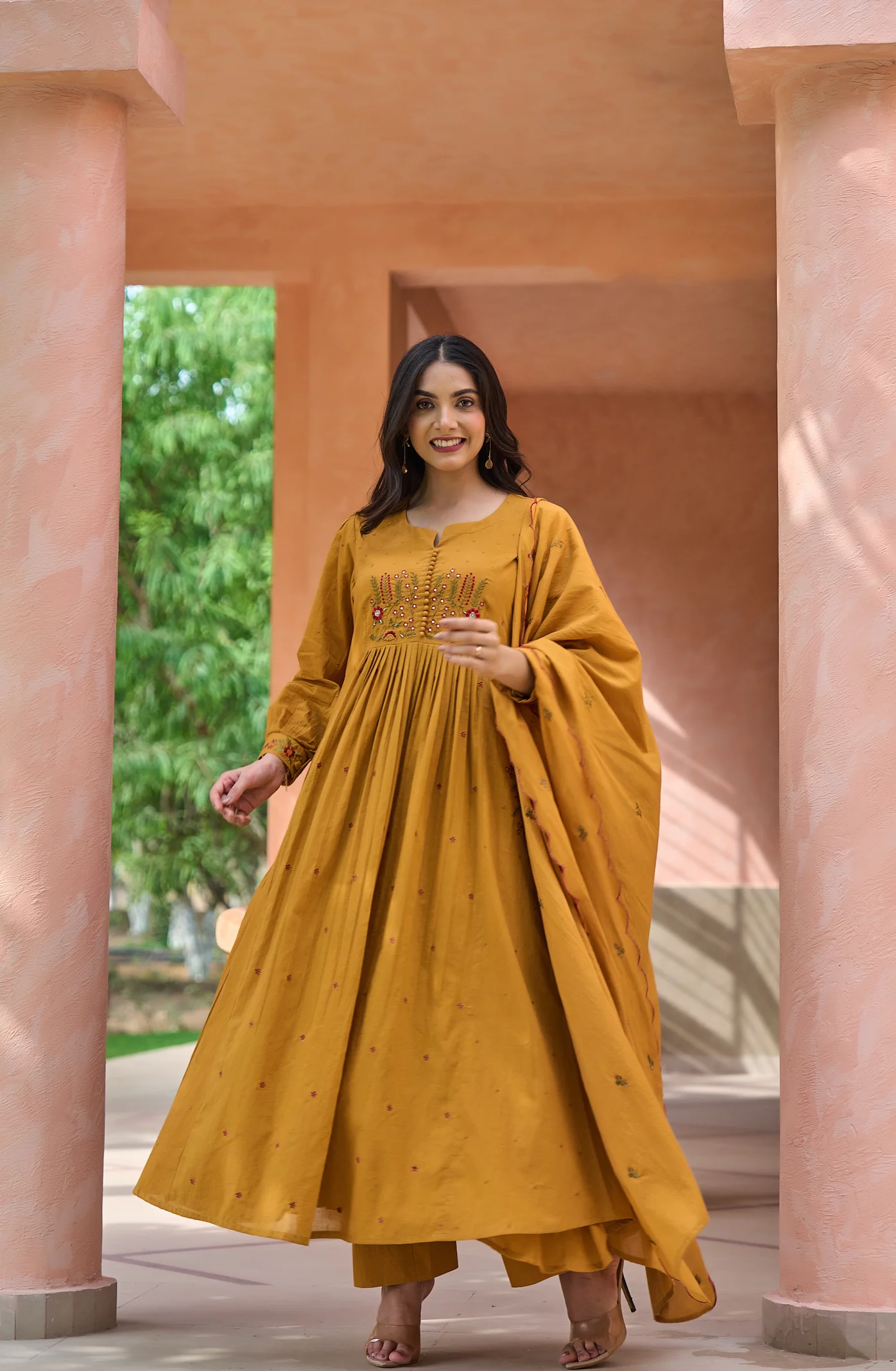 Mustard MulMul Embroidered Suit Set