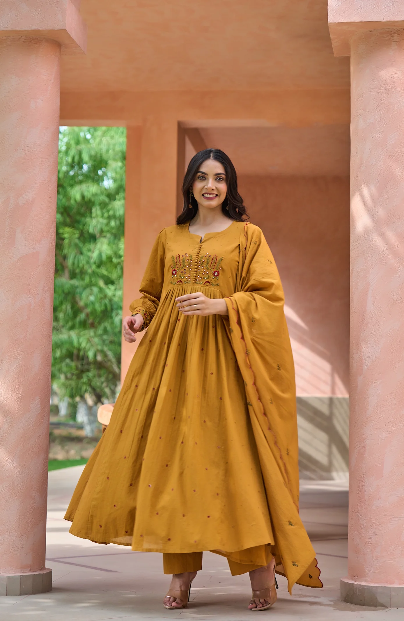 Mustard MulMul Embroidered Suit Set