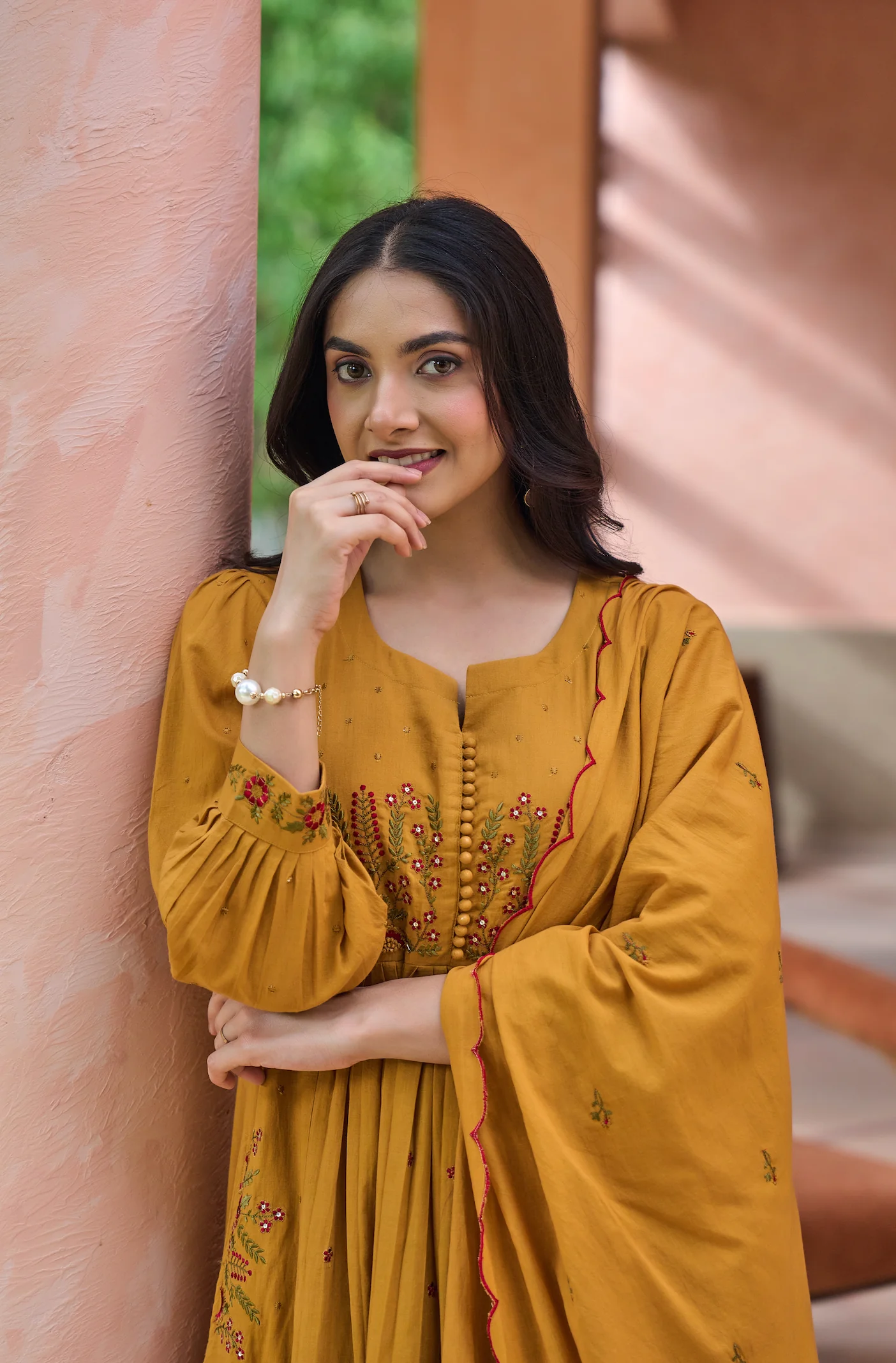 Mustard MulMul Embroidered Suit Set