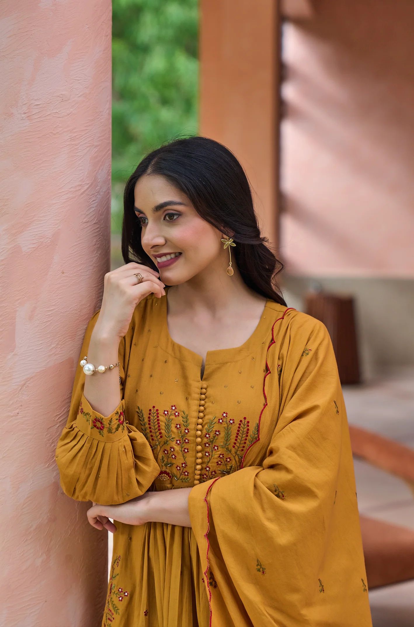 Mustard MulMul Embroidered Suit Set