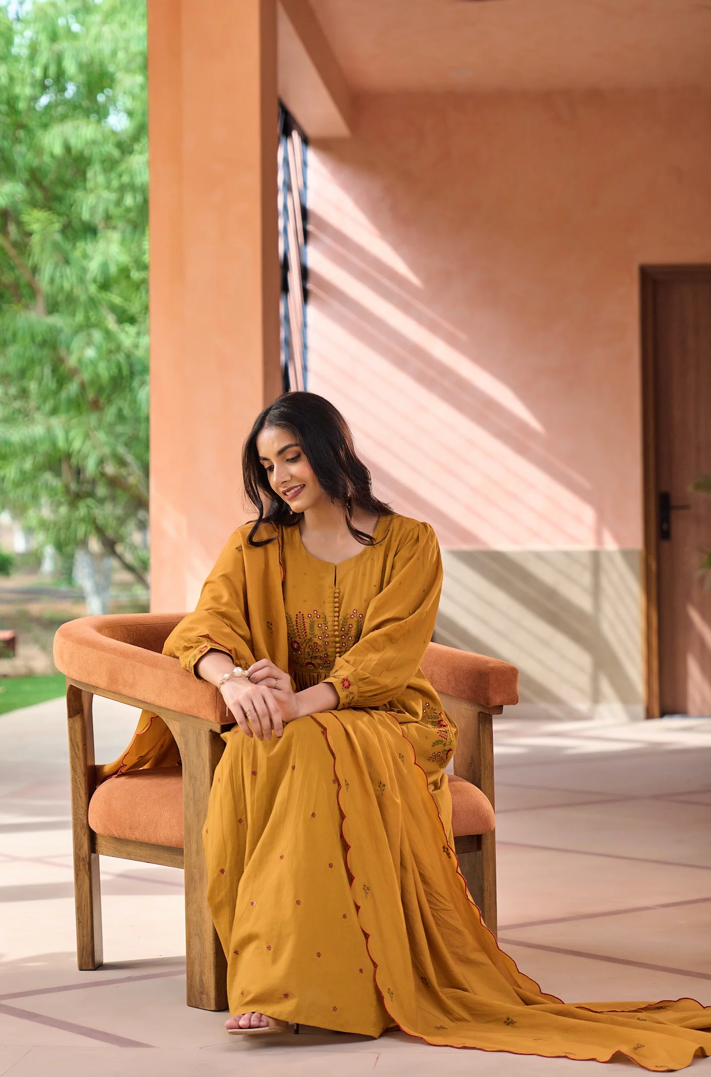 Mustard MulMul Embroidered Suit Set