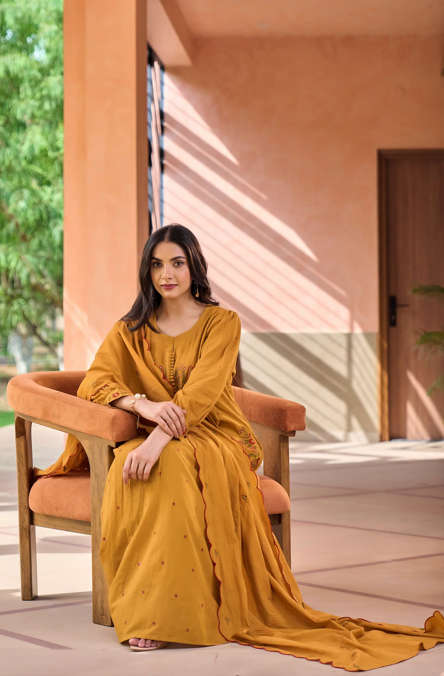 Mustard MulMul Embroidered Suit Set