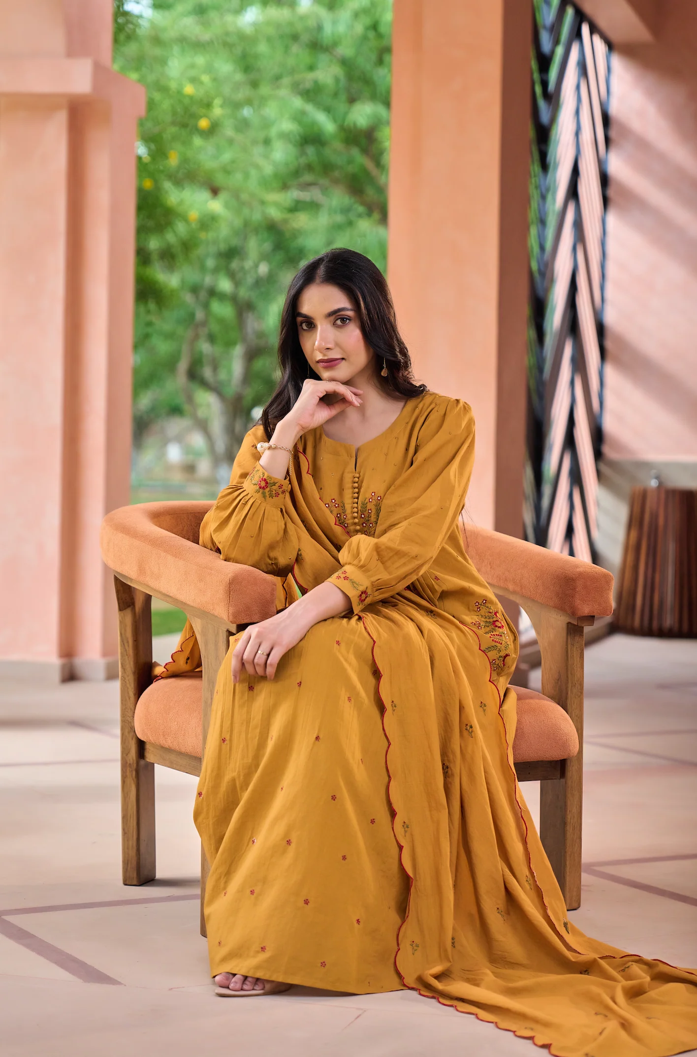 Mustard MulMul Embroidered Suit Set