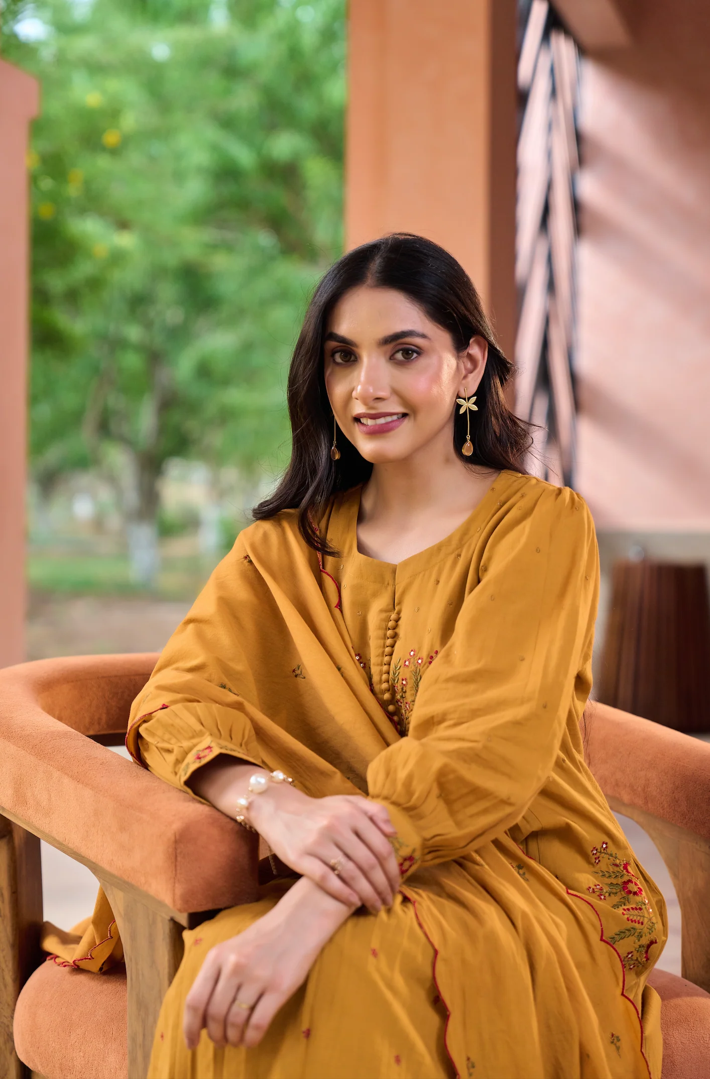 Mustard MulMul Embroidered Suit Set