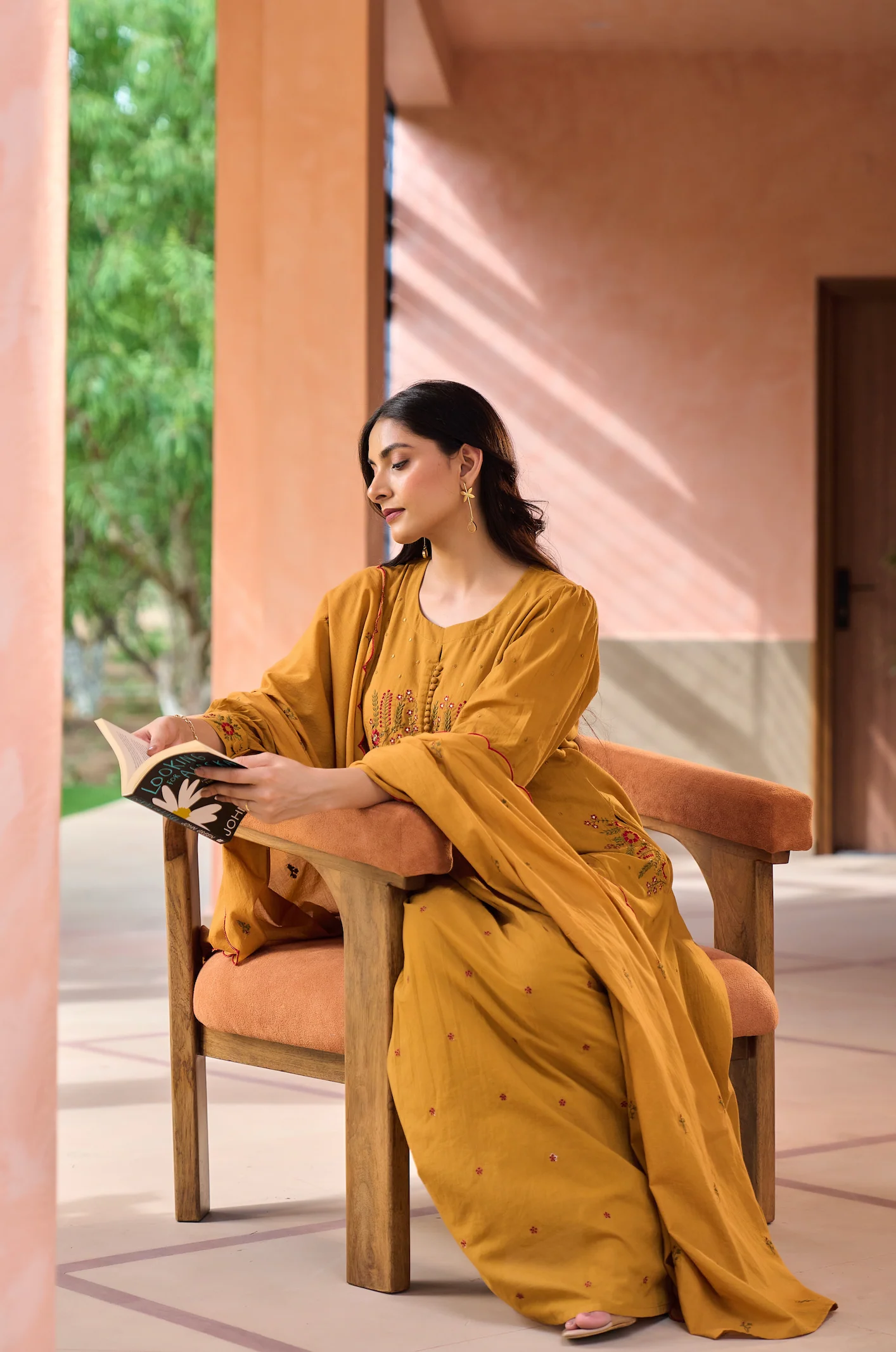 Mustard MulMul Embroidered Suit Set
