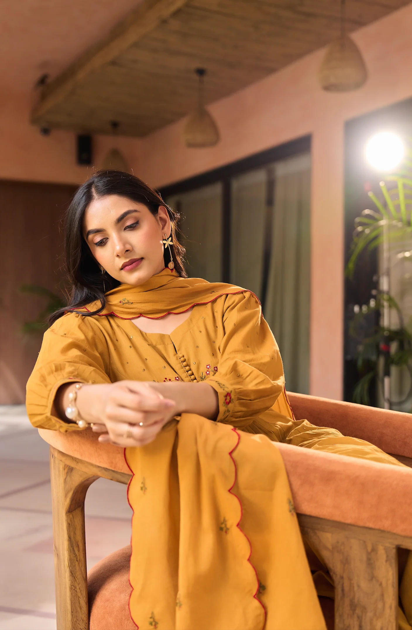 Mustard MulMul Embroidered Suit Set