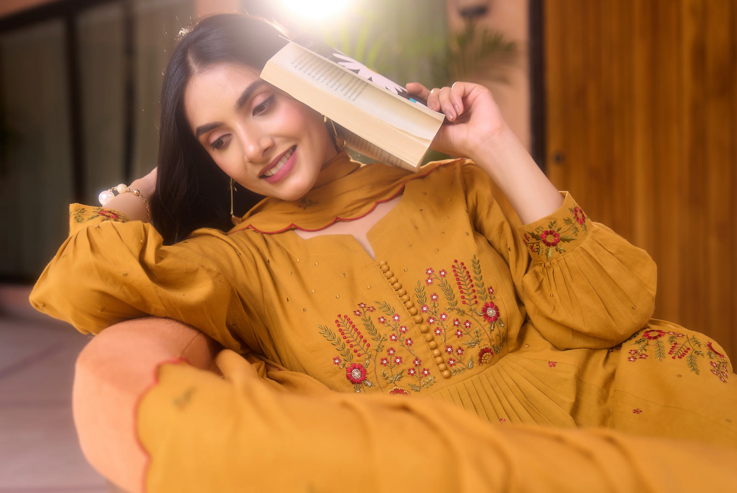 Mustard MulMul Embroidered Suit Set