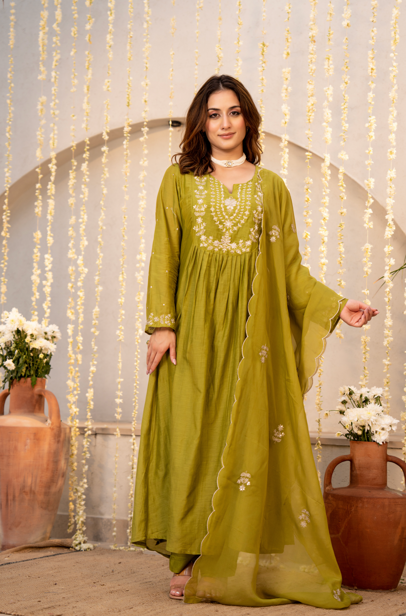 Olive Chanderi Embroidered Suit Set