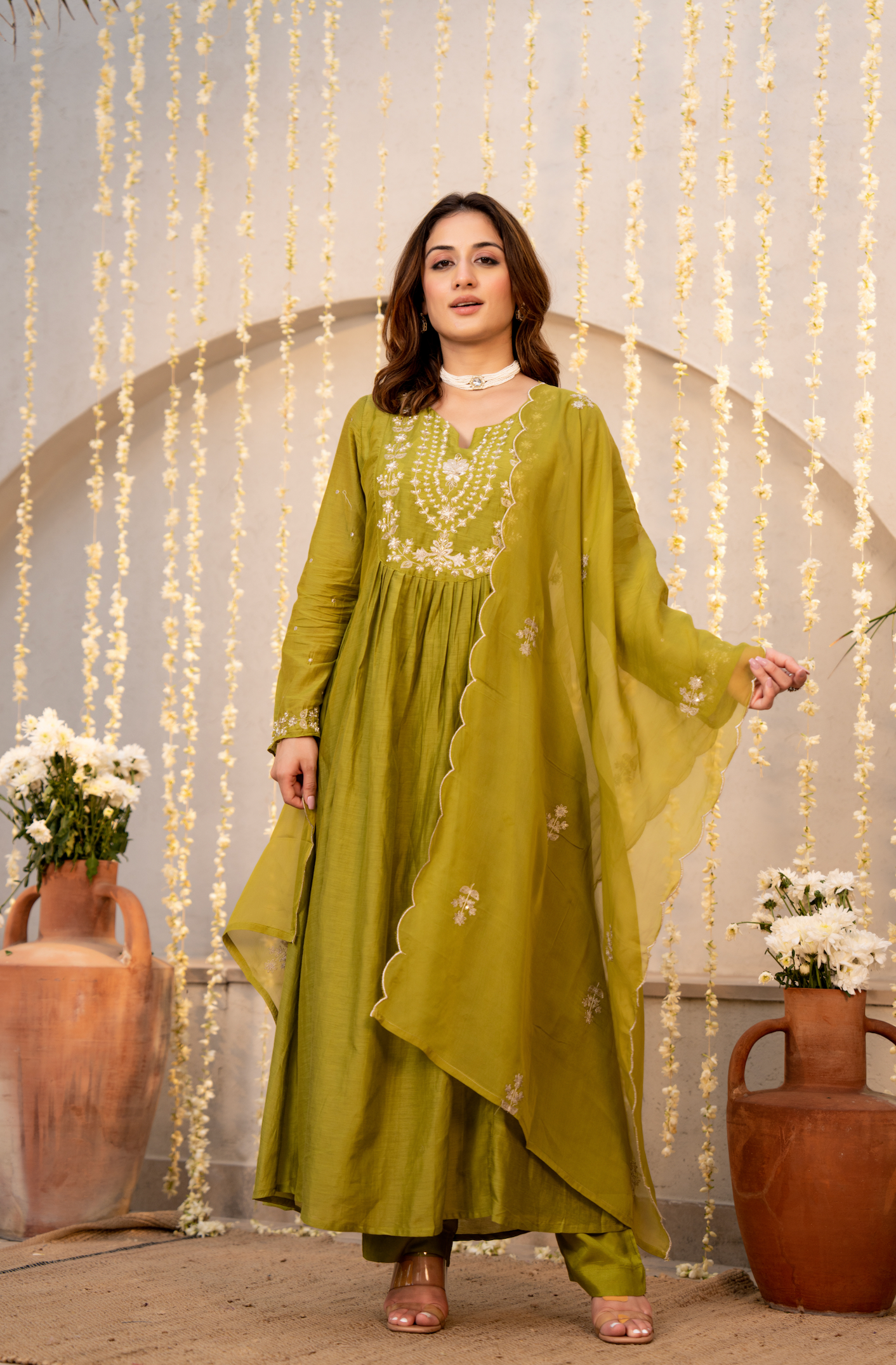 Olive Chanderi Embroidered Suit Set