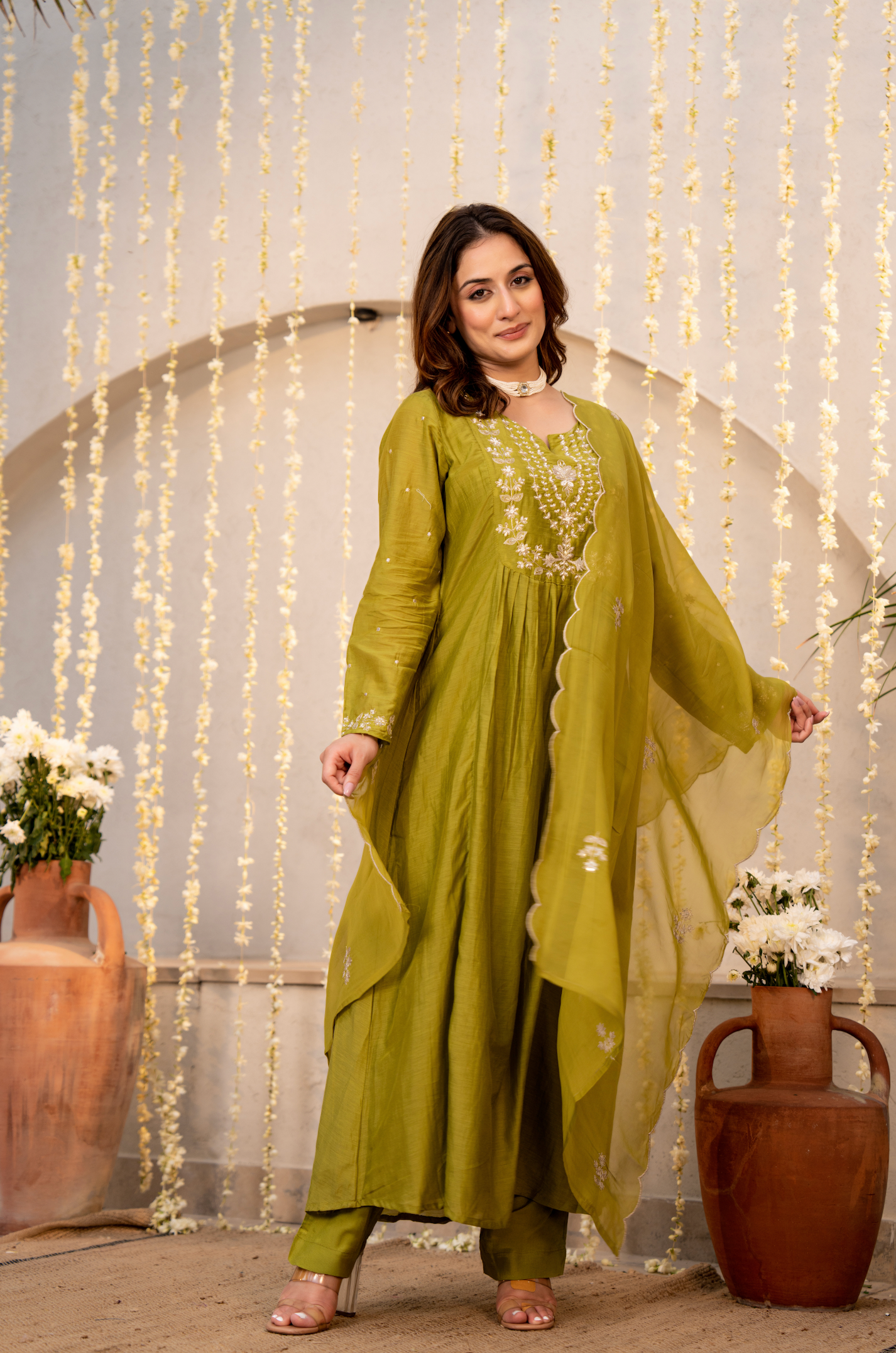 Olive Chanderi Embroidered Suit Set