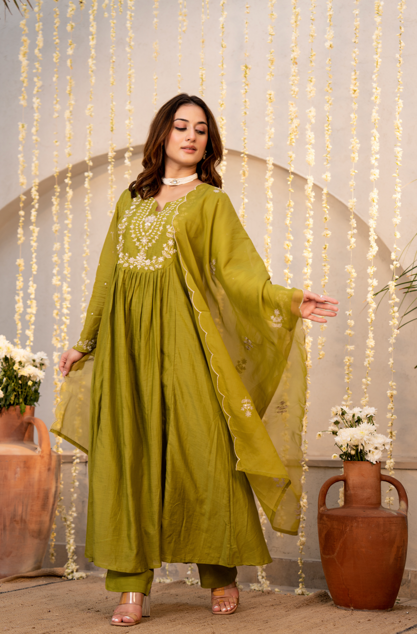 Olive Chanderi Embroidered Suit Set