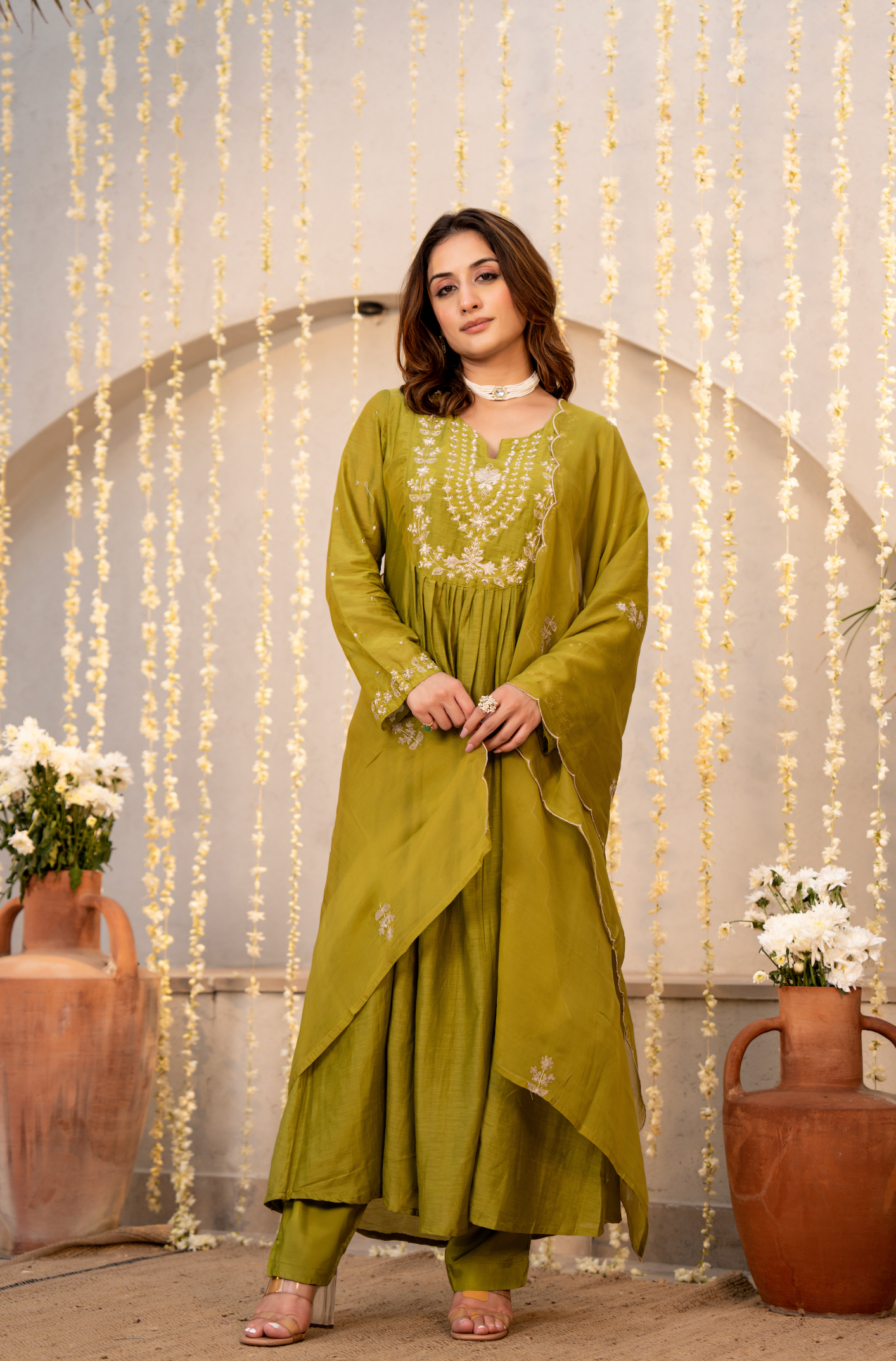 Olive Chanderi Embroidered Suit Set