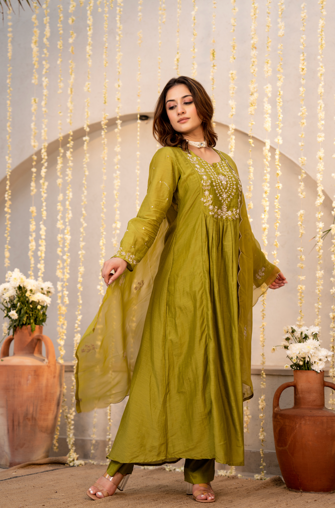 Olive Chanderi Embroidered Suit Set