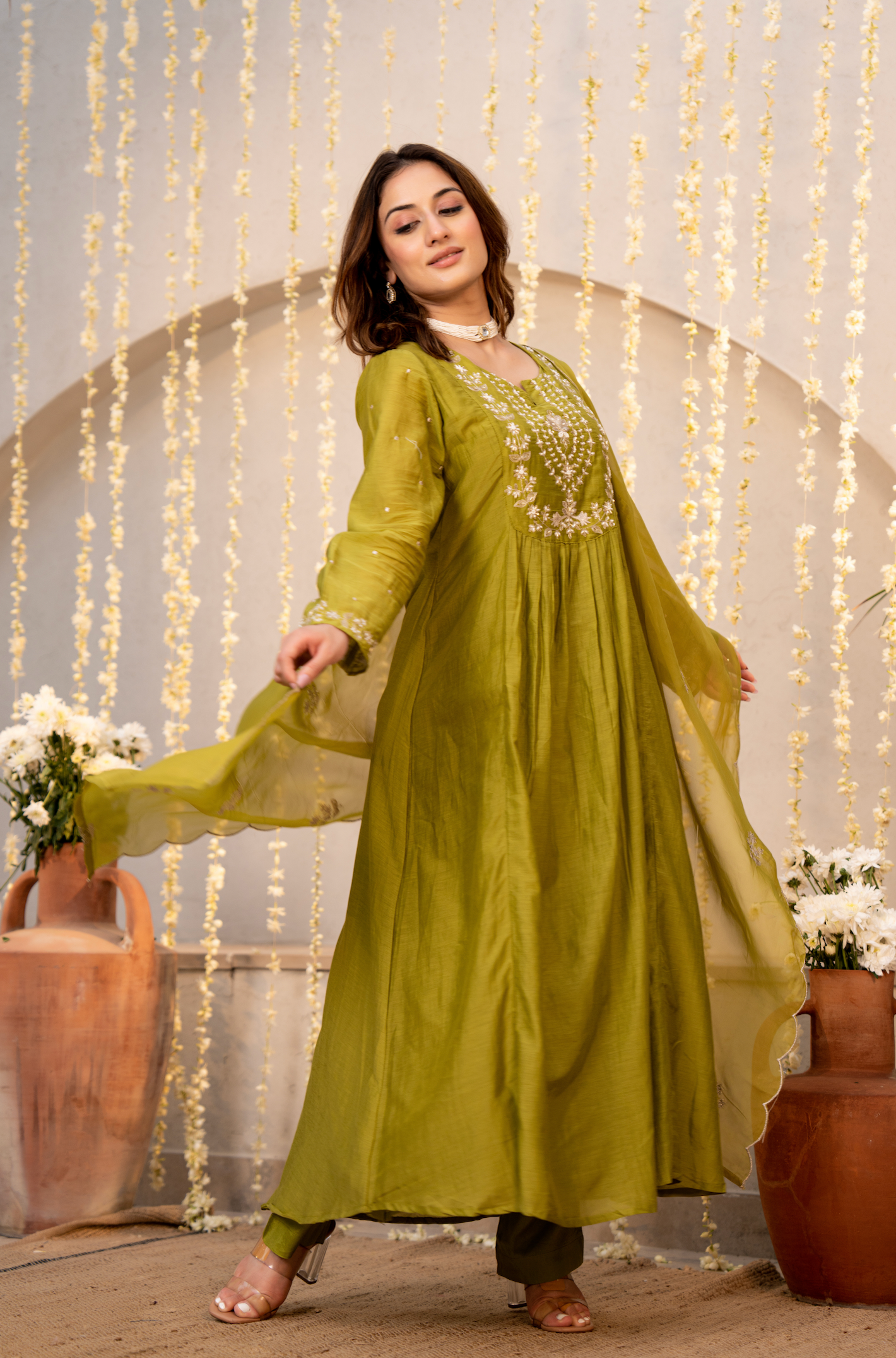 Olive Chanderi Embroidered Suit Set