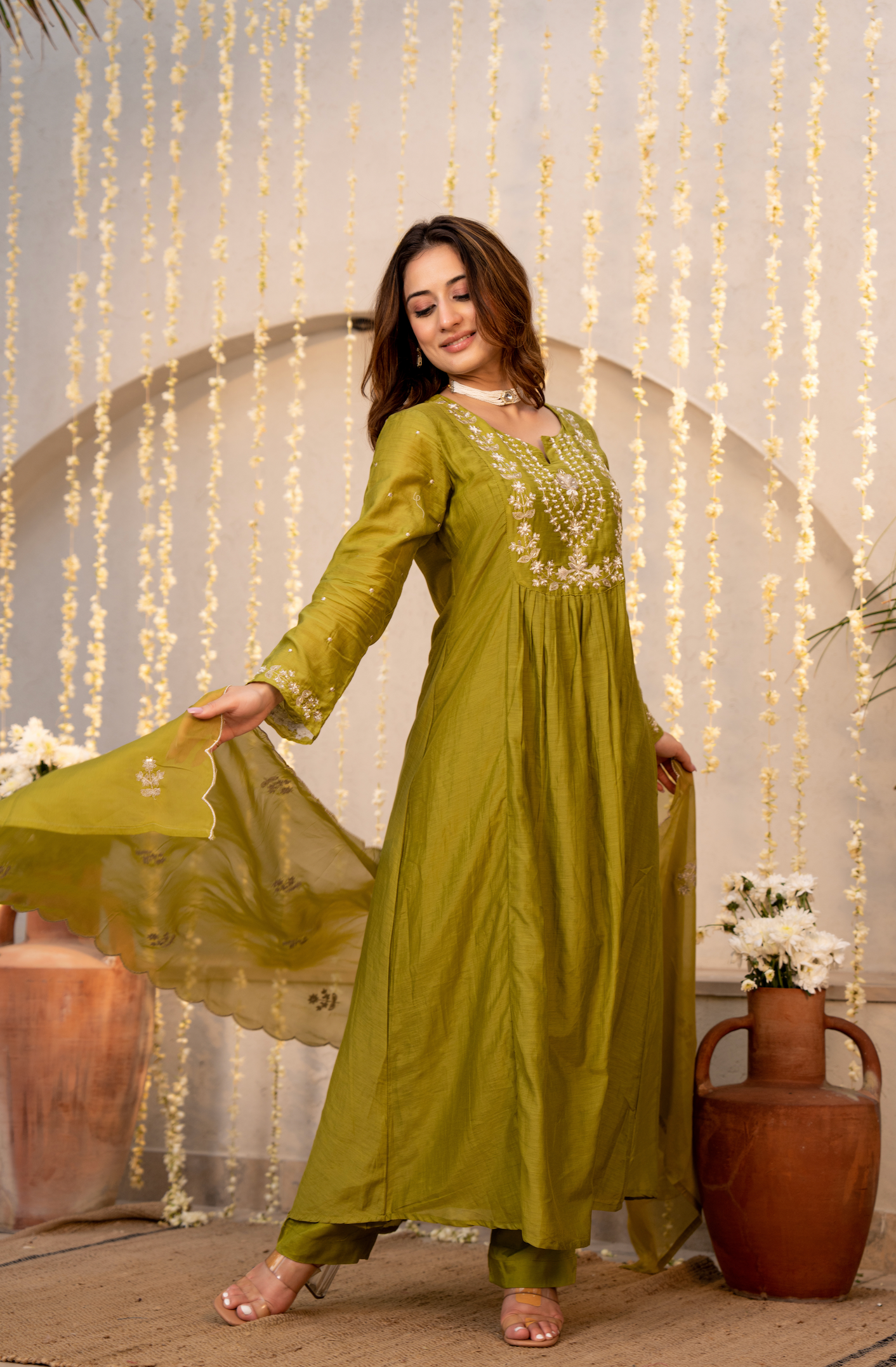 Olive Chanderi Embroidered Suit Set