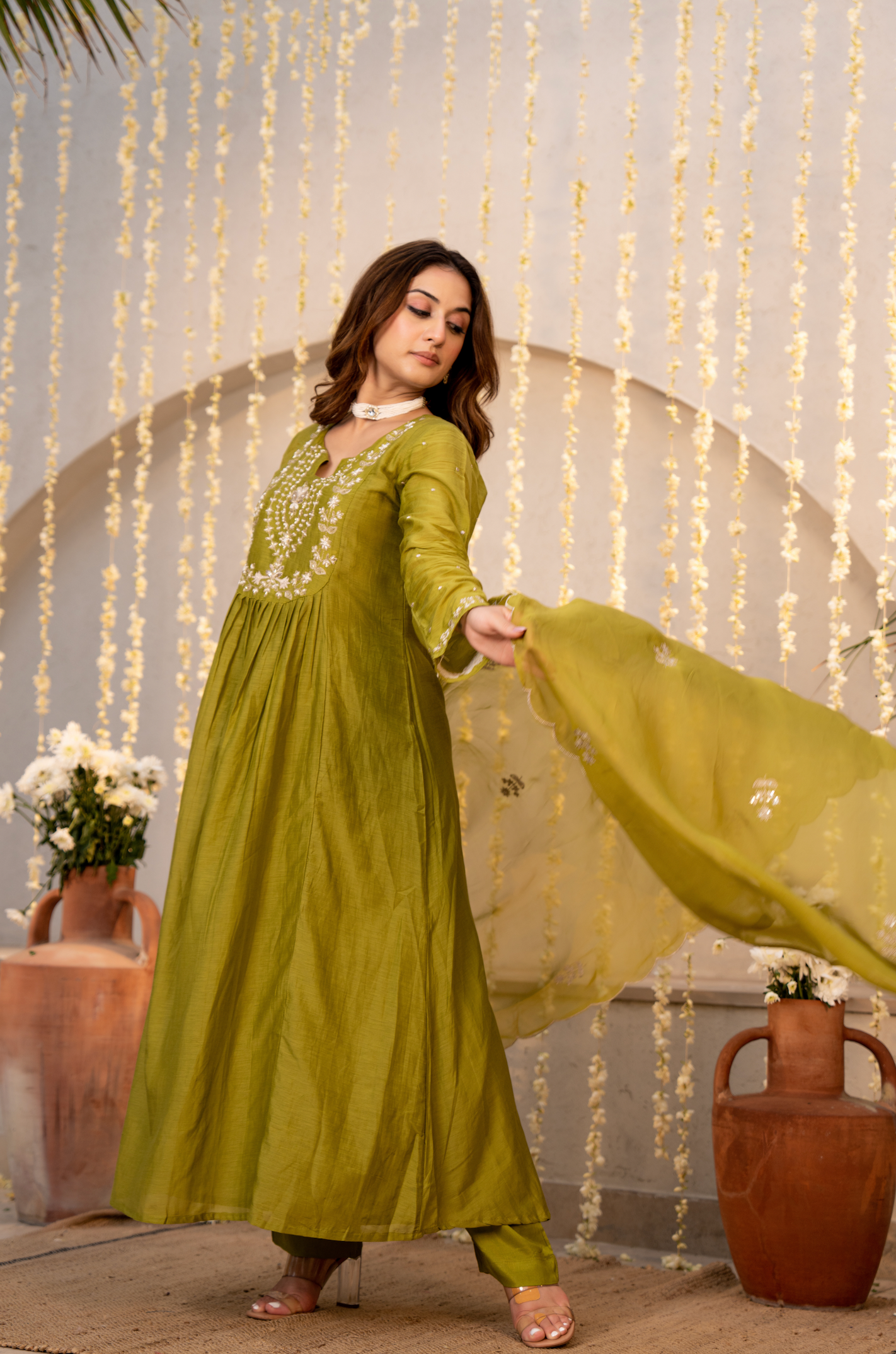 Olive Chanderi Embroidered Suit Set