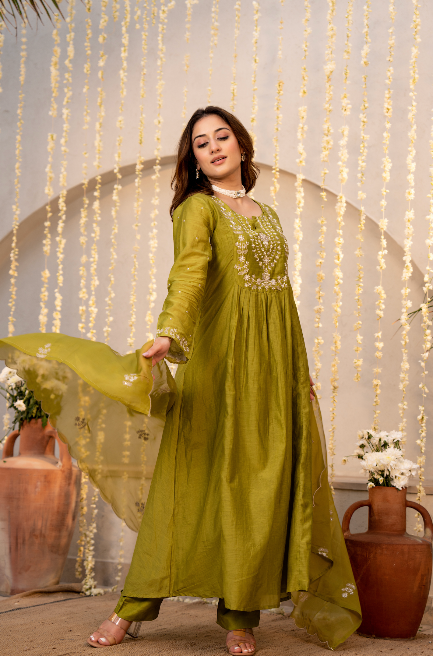 Olive Chanderi Embroidered Suit Set