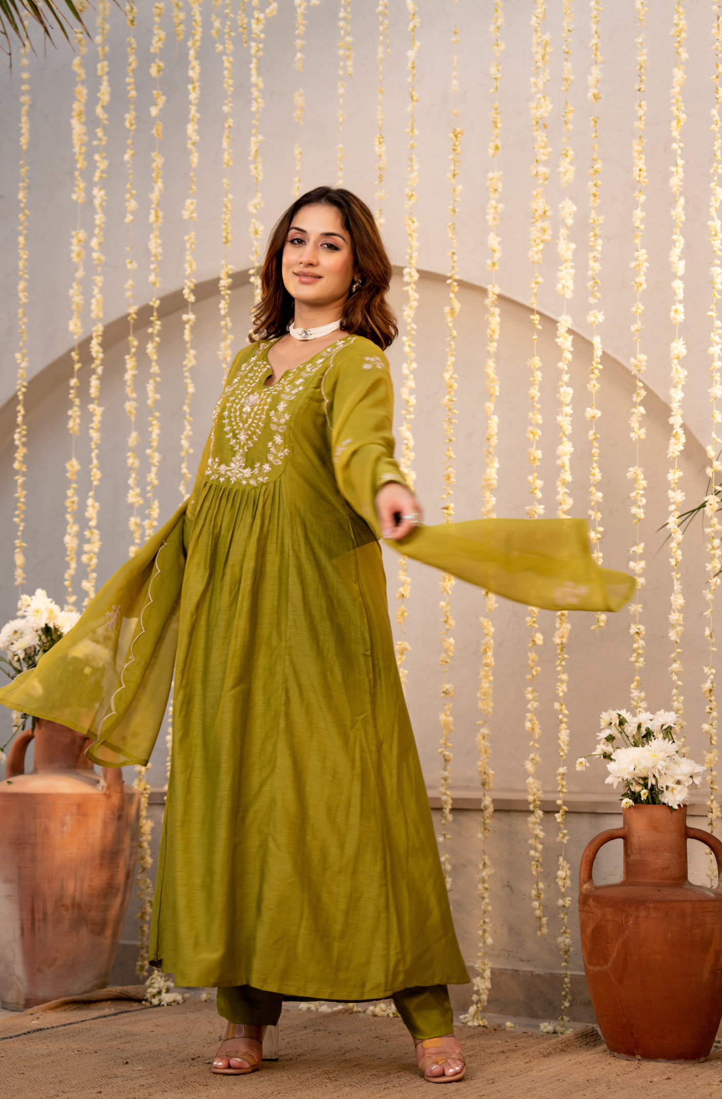 Olive Chanderi Embroidered Suit Set