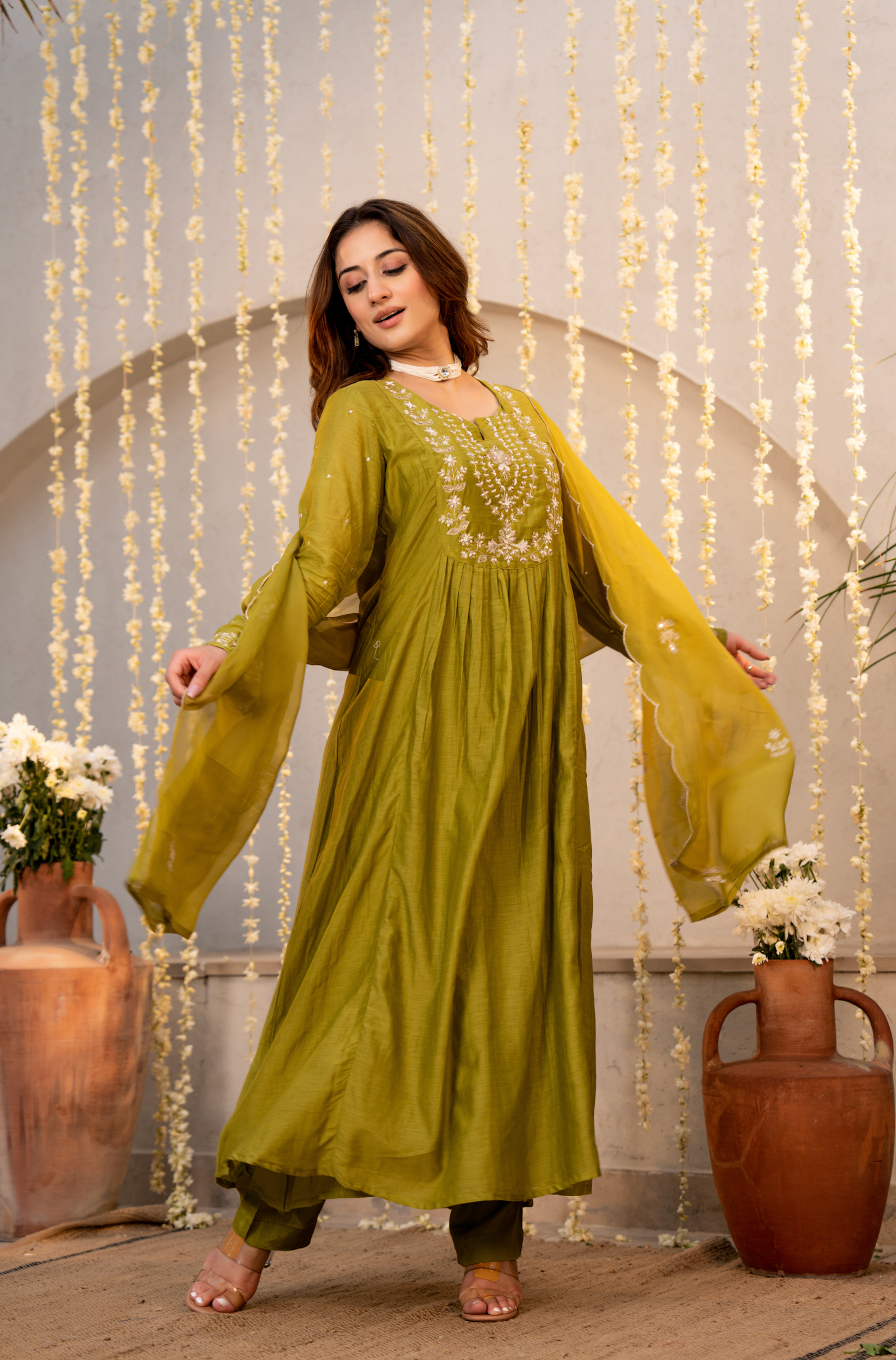 Olive Chanderi Embroidered Suit Set