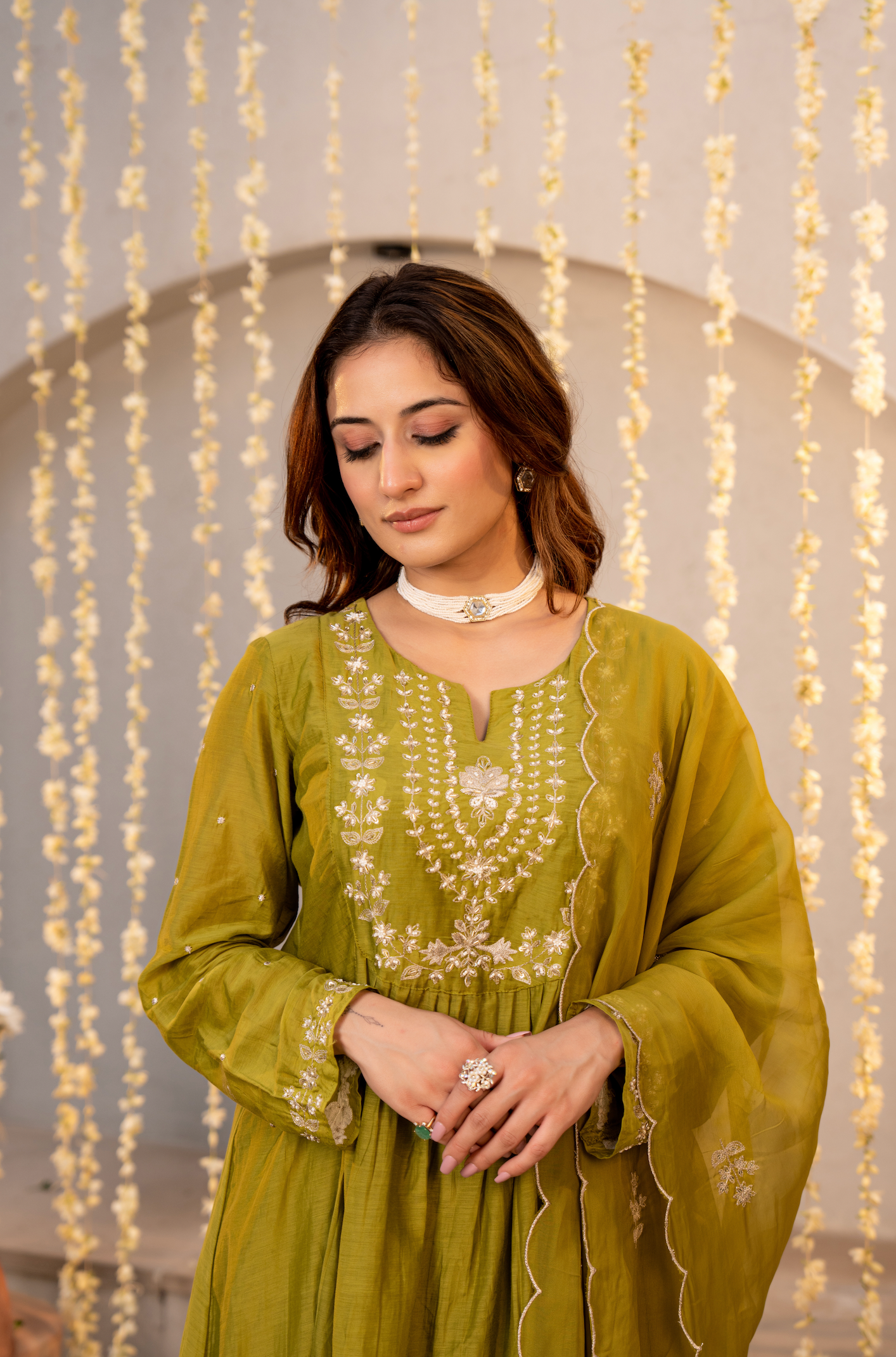 Olive Chanderi Embroidered Suit Set