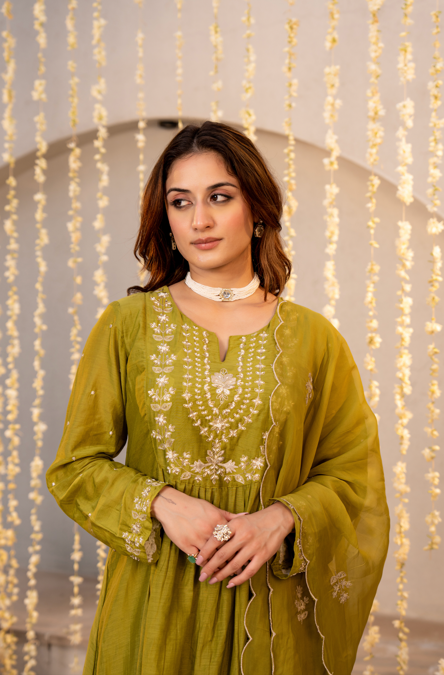 Olive Chanderi Embroidered Suit Set