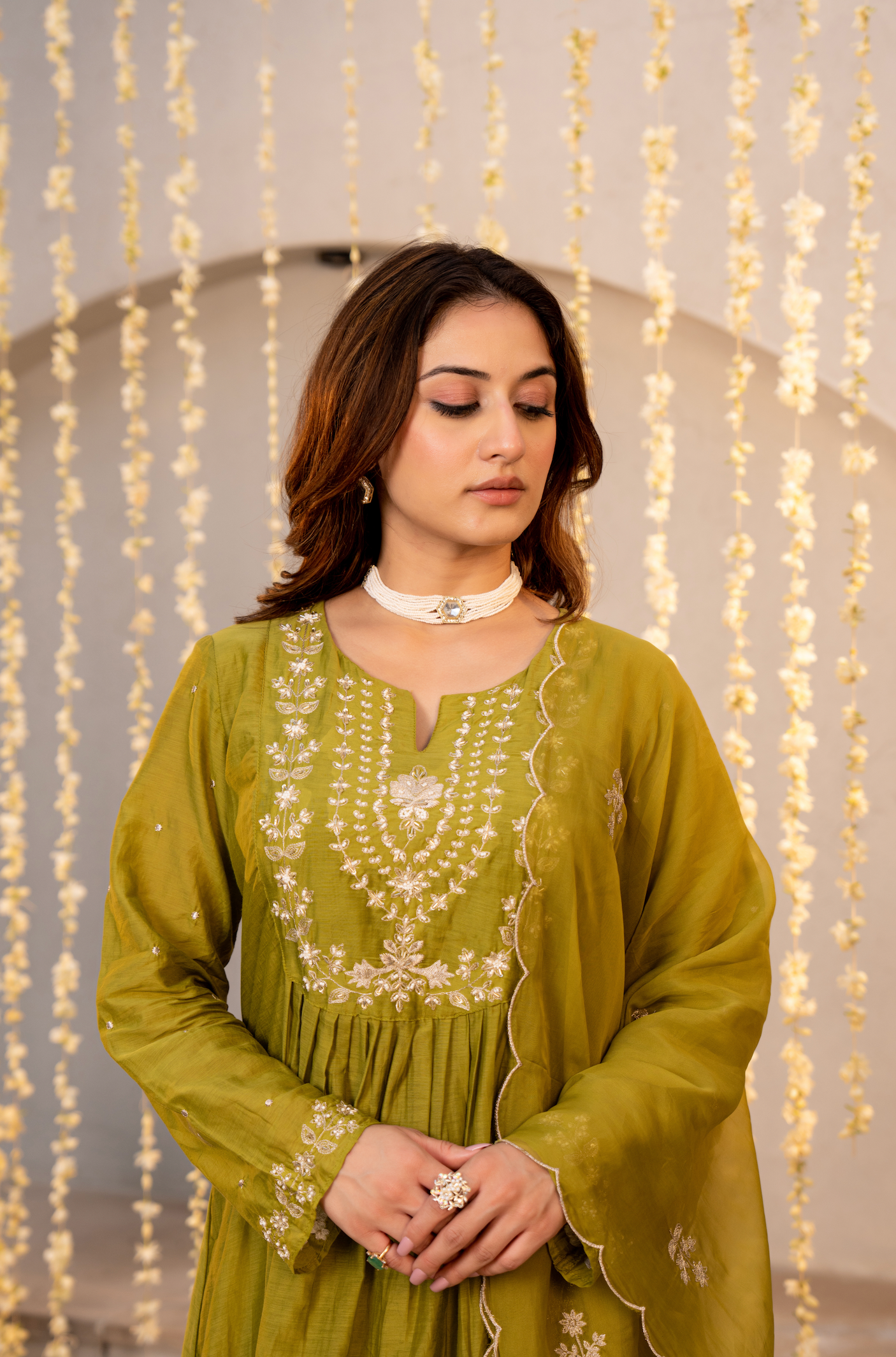 Olive Chanderi Embroidered Suit Set