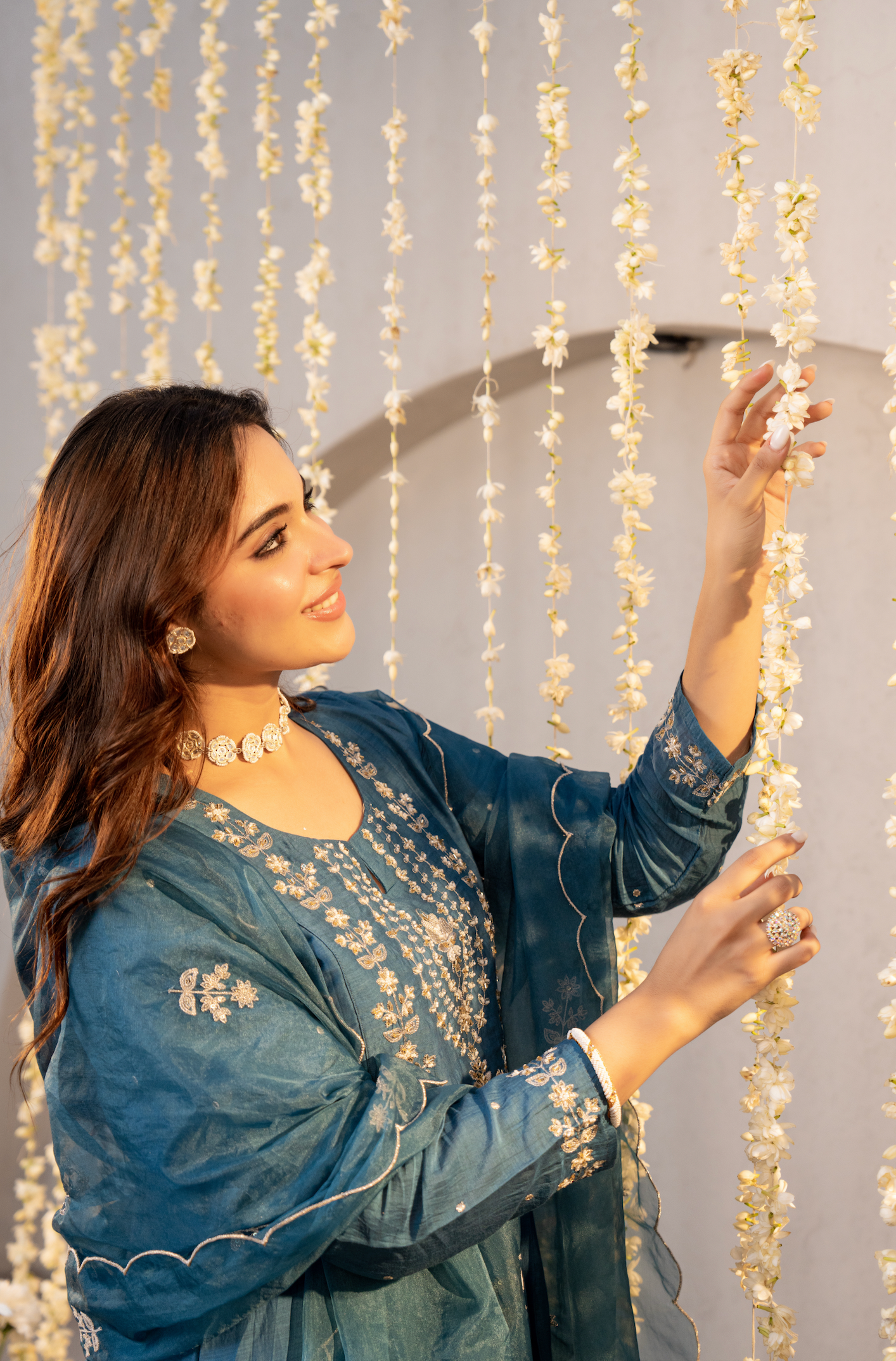 Teal Blue Chanderi Embroidered Suit Set