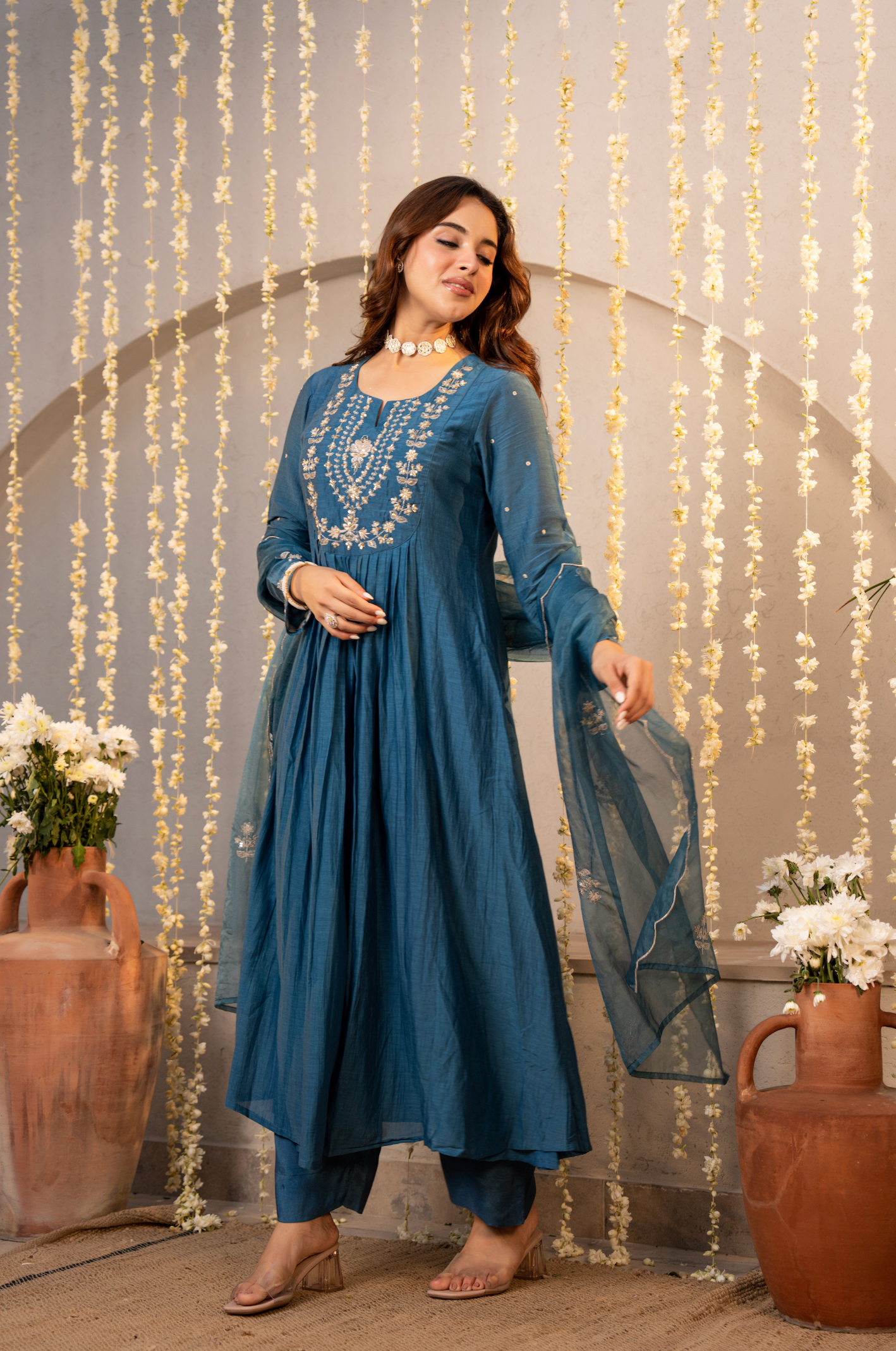 Teal Blue Chanderi Embroidered Suit Set