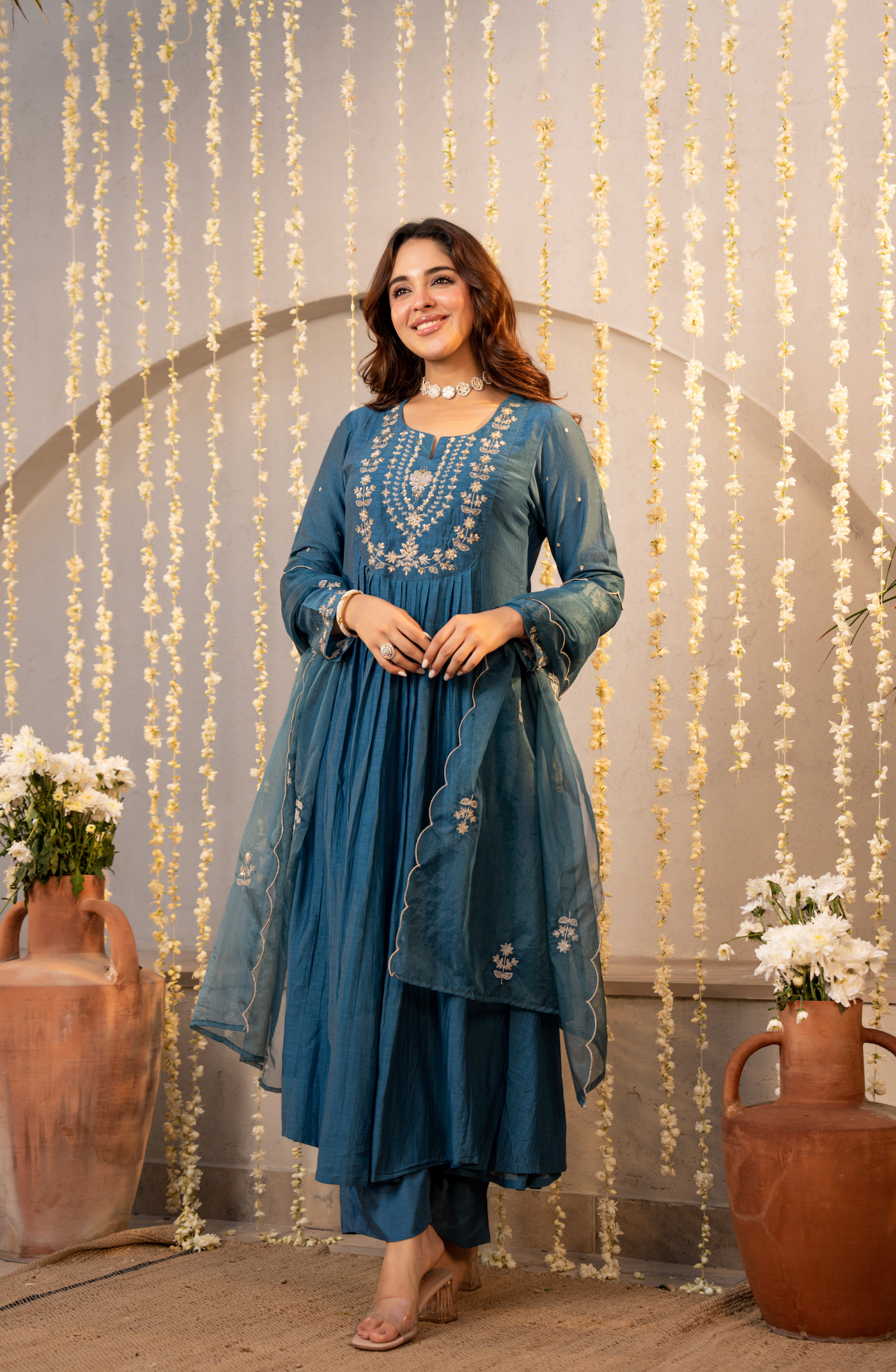 Teal Blue Chanderi Embroidered Suit Set