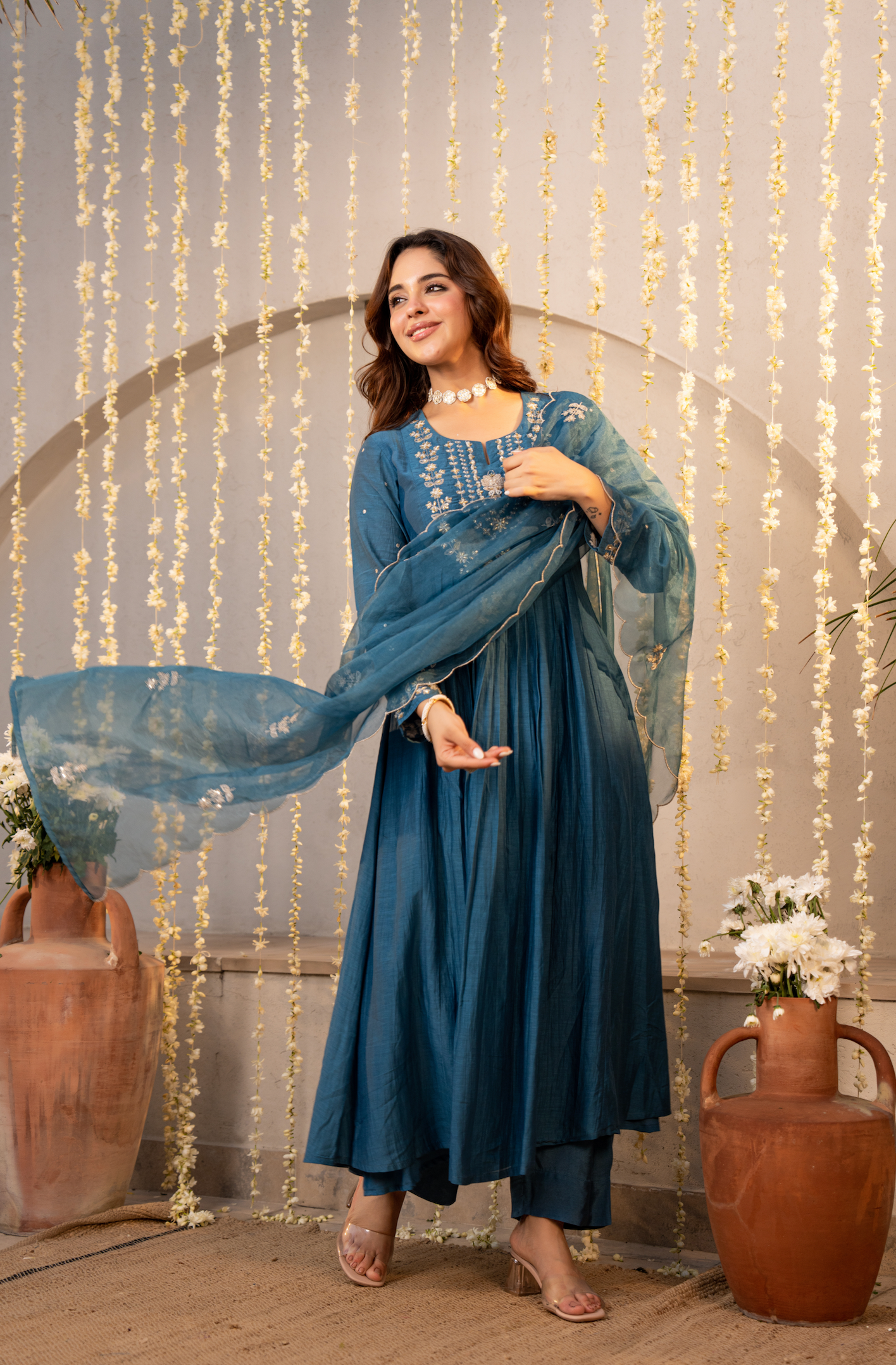 Teal Blue Chanderi Embroidered Suit Set