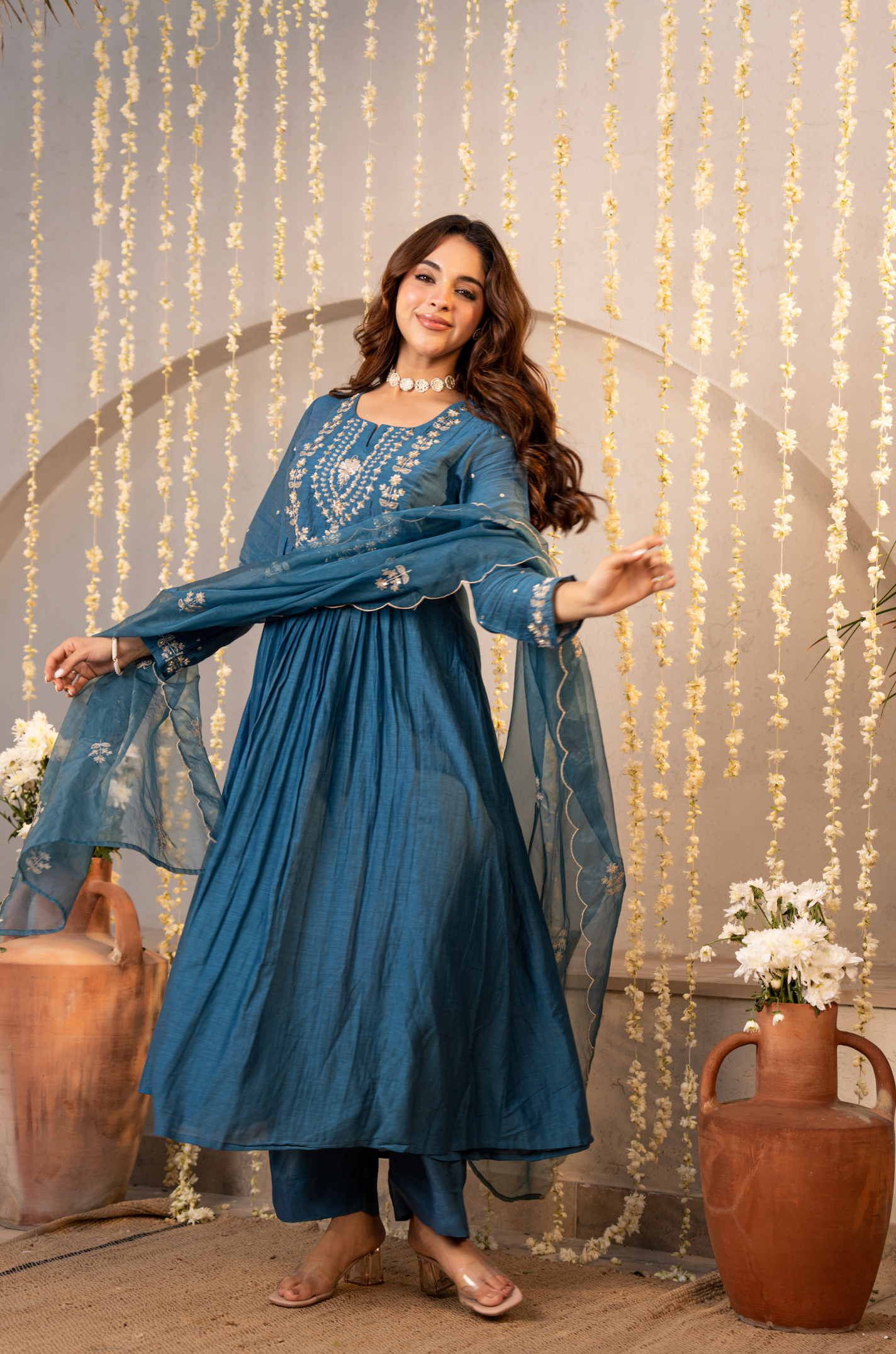 Teal Blue Chanderi Embroidered Suit Set