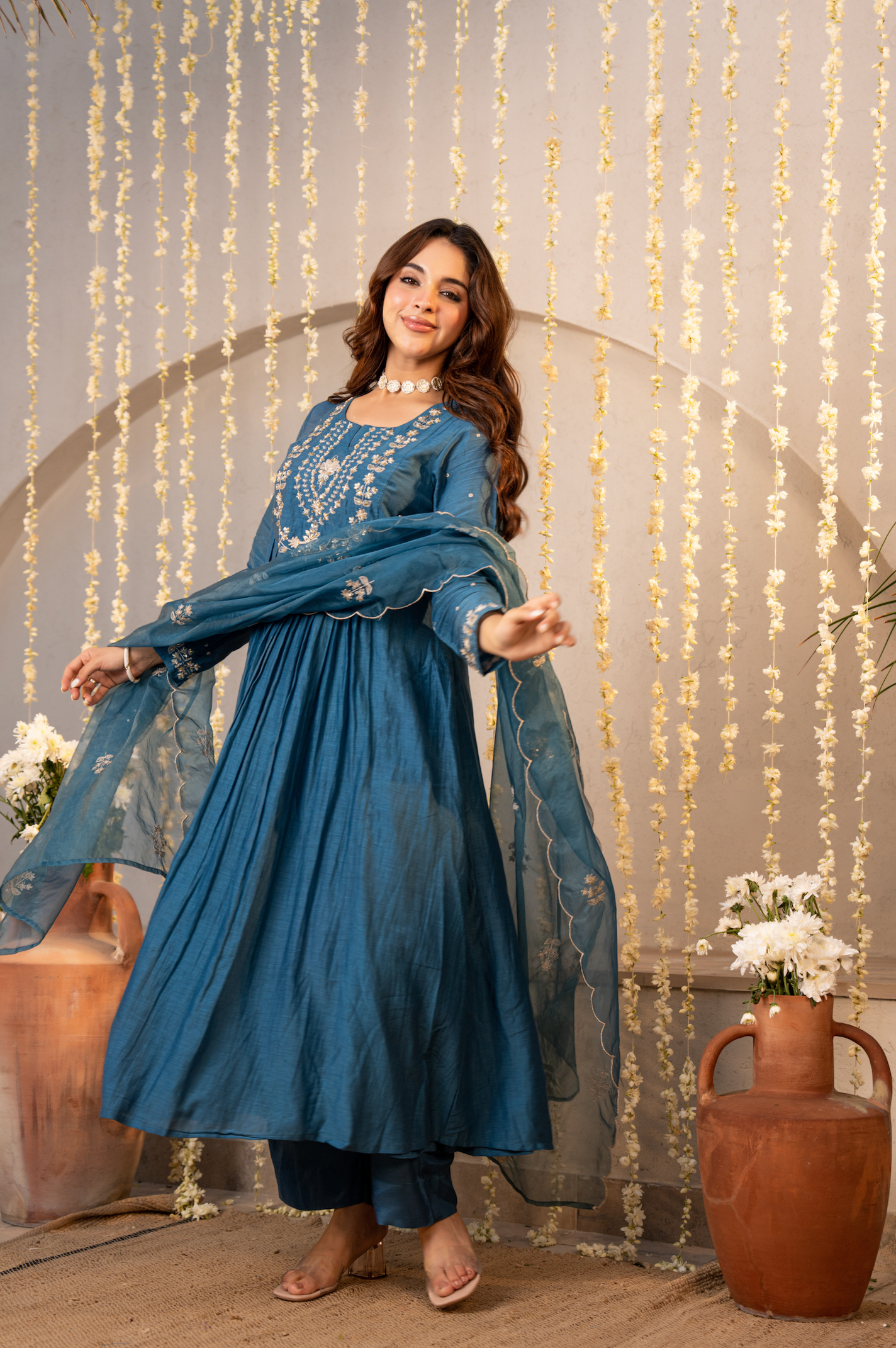 Teal Blue Chanderi Embroidered Suit Set