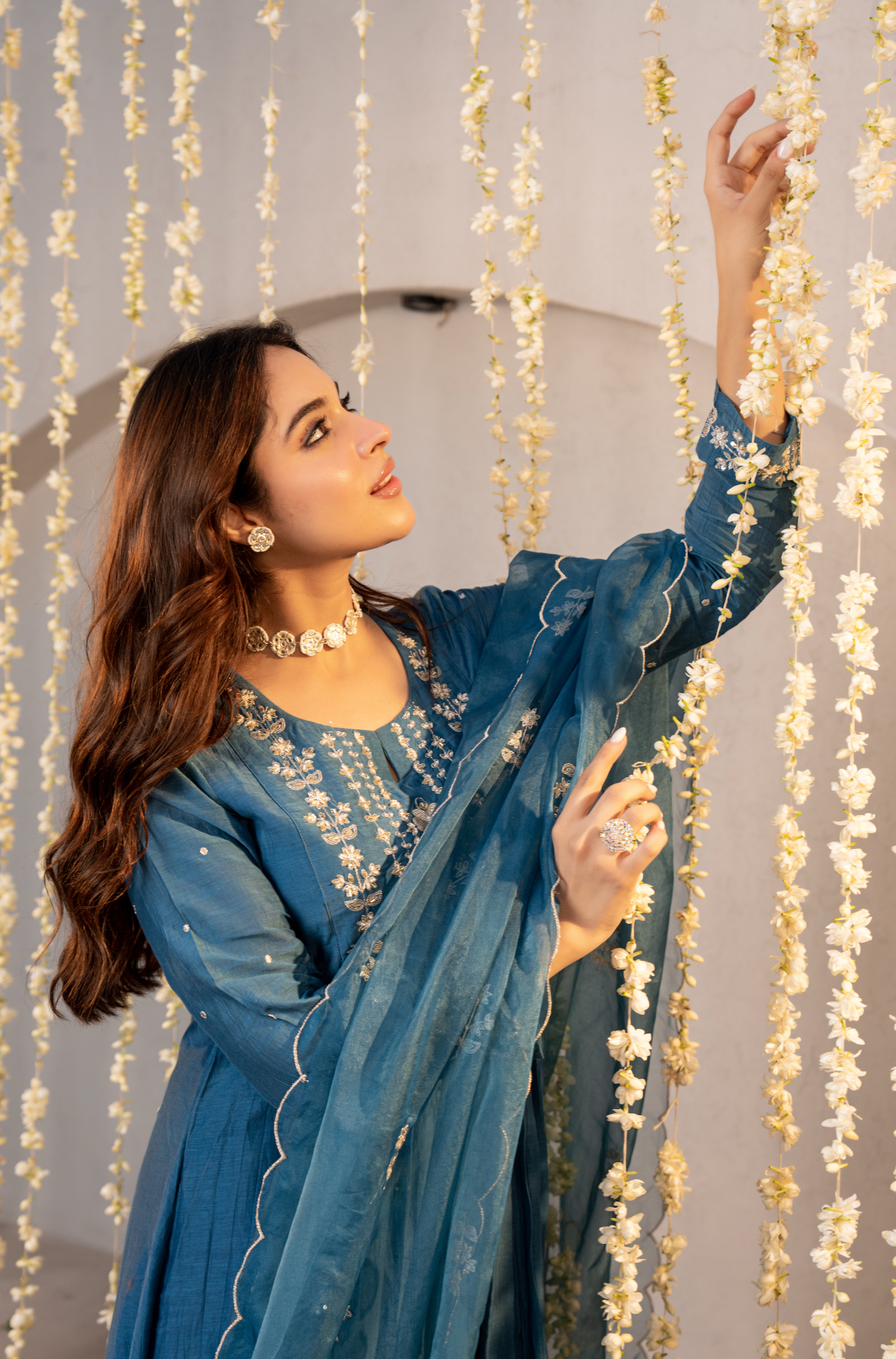 Teal Blue Chanderi Embroidered Suit Set