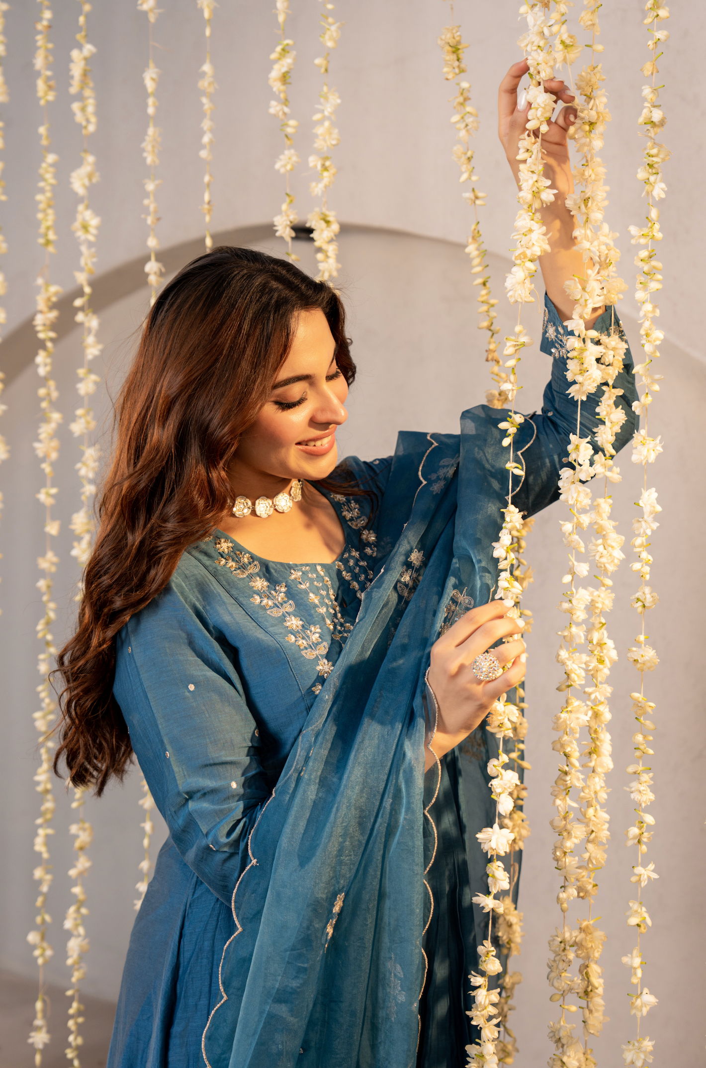 Teal Blue Chanderi Embroidered Suit Set